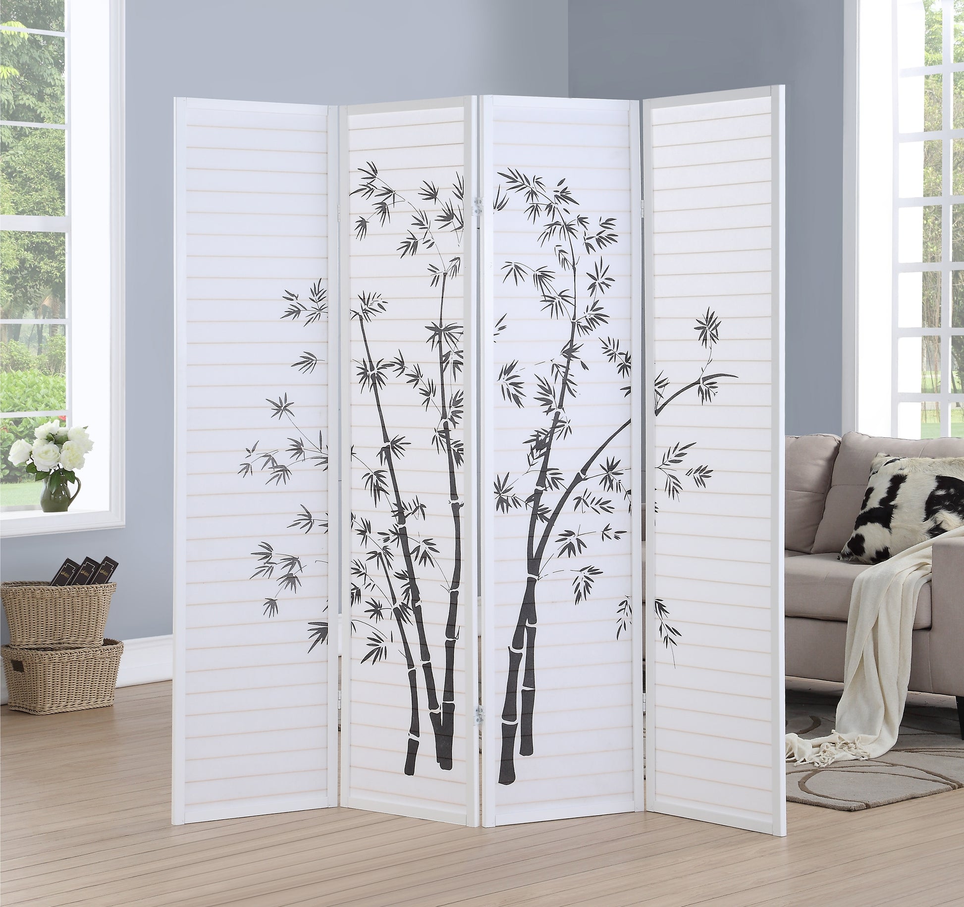 Bamboo Print 4 Panel Framed Room Screen Divider, White White Wood Paper