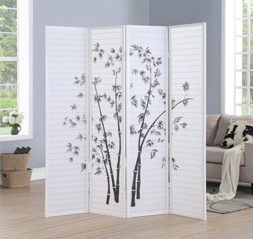 Bamboo Print 4 Panel Framed Room Screen Divider, White White Wood Paper