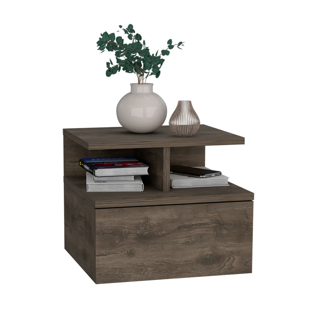 Floating Nightstand 12"H, Wall Mounted With Single Drawer And 2 Tier Shelf, Dark Walnut Brown Particle Board Particle Board