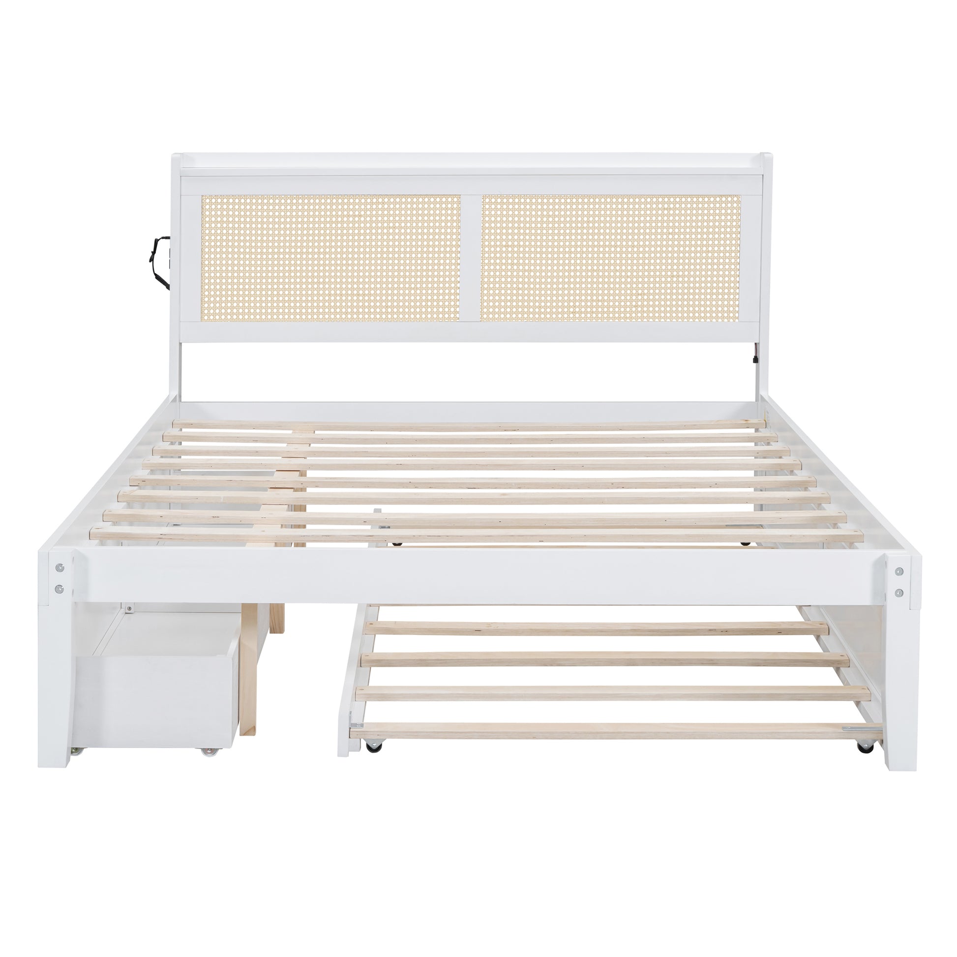 Queen Size Elegant Bed Frame With Rattan Headboard And Sockets ,White White Rattan