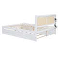 Queen Size Elegant Bed Frame With Rattan Headboard And Sockets ,White White Rattan