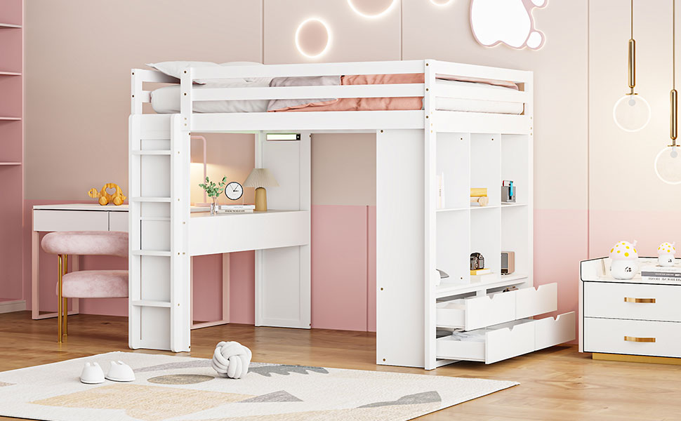 Full Size Loft Bed With Large Shelves, Writing Desk And Led Light, White White Solid Wood Mdf