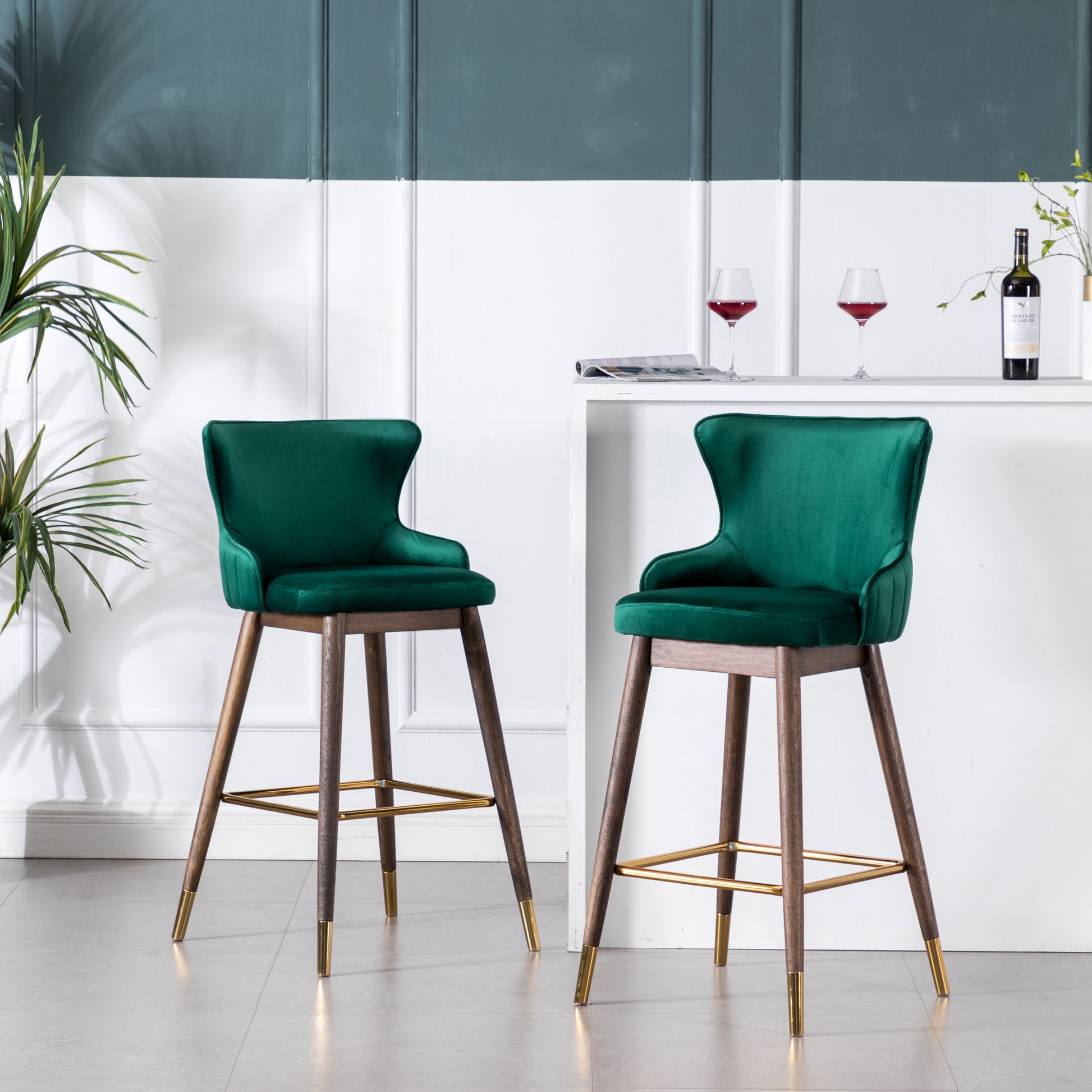 Leland Fabric Upholstered Wingback Bar Stools, Set Of 2, Green Green Polyester