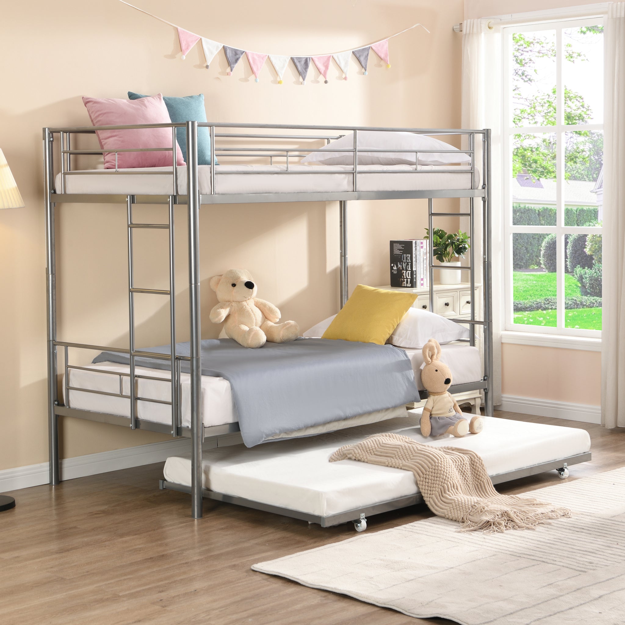 METAL BUNK BED WITH TRUNDLE SILVER silver-metal