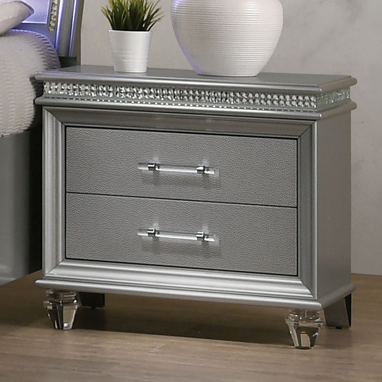 Classic Silver1Pc Nightstand Only Contemporary Solid Wood 2 Drawers Felt Lined Top English Dovetail Acrylic Legs & Pull Handle Silver 2 Drawers Bedroom Bedside Cabinet Contemporary,Modern Solid Wood Solid Wood