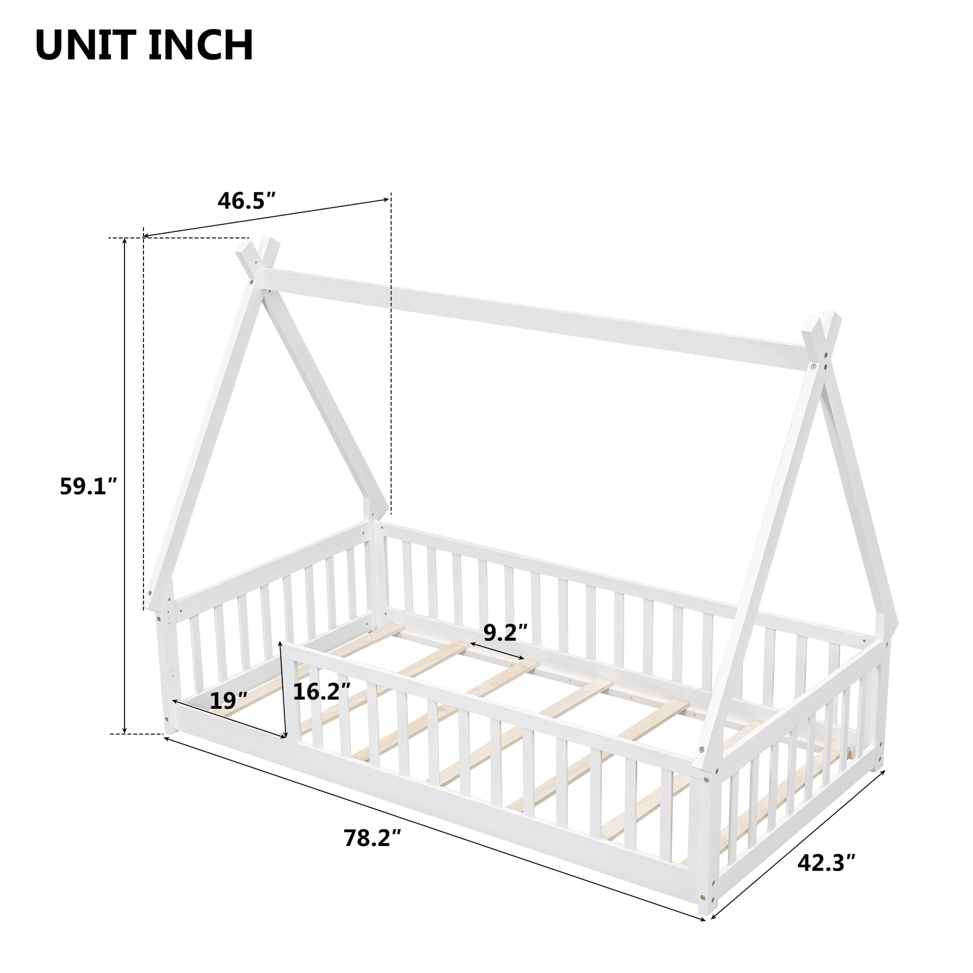 Twin Tent Shaped Floor Bed, Teepee Bed With Guardrails, Slats,White Twin White Wood Bedroom American Design Pine Bed Frame Pine