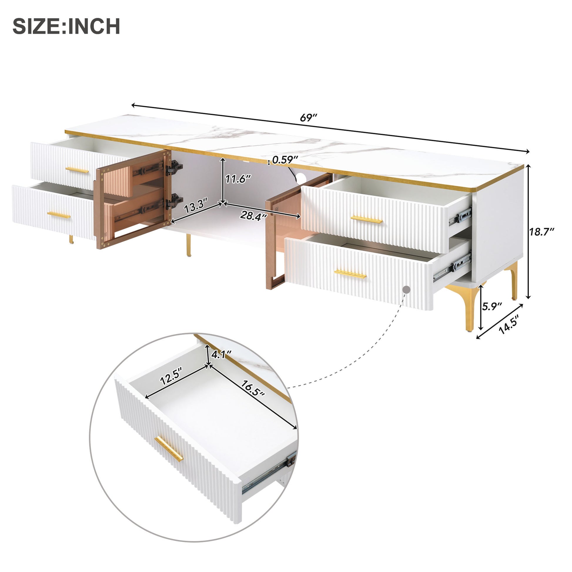 Stylish Led Tv Stand With Marble Veined Table Top For Tvs Up To 78'', Entertainment Center With Brown Glass Storage Cabinet, Golden Legs & Handles For Living Room, White Gold White Primary Living Space 70 79 Inches 70 79 Inches Particle Board