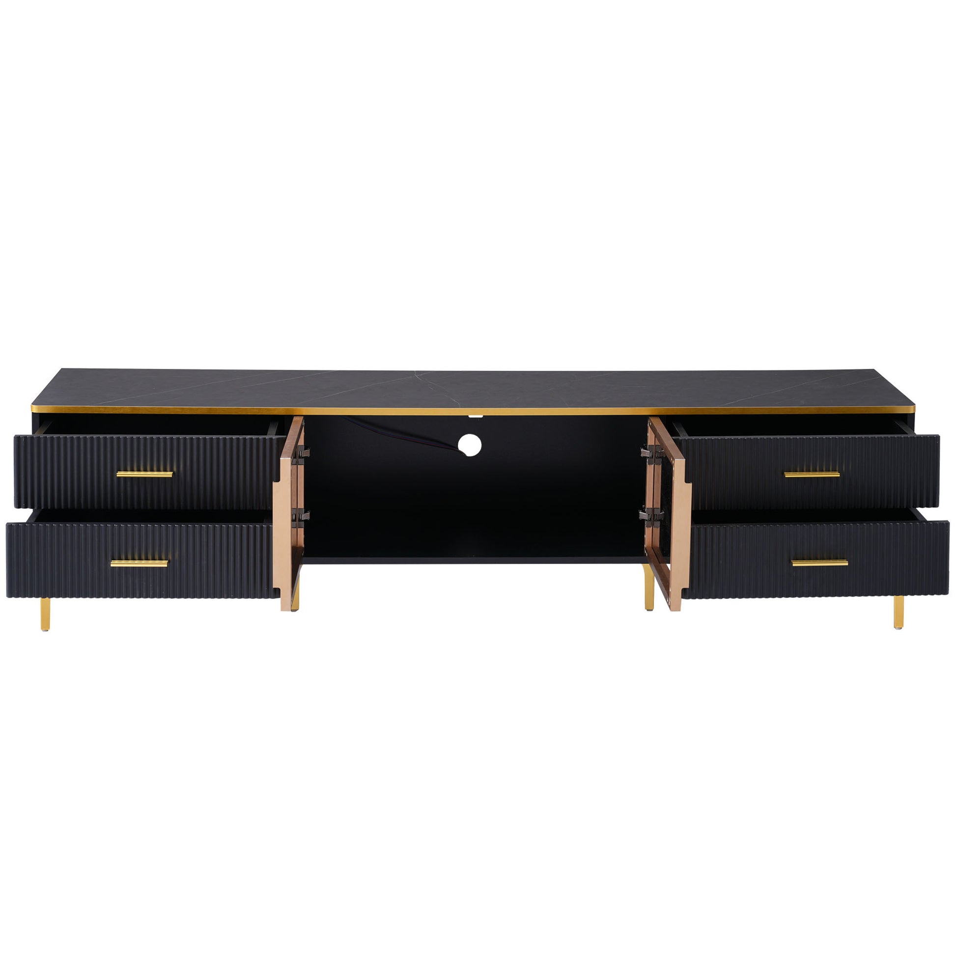 Stylish Led Tv Stand With Marble Veined Table Top For Tvs Up To 78'', Entertainment Center With Brown Glass Storage Cabinet, Golden Legs & Handles For Living Room, Black Gold Black Primary Living Space 70 79 Inches 70 79 Inches Particle Board