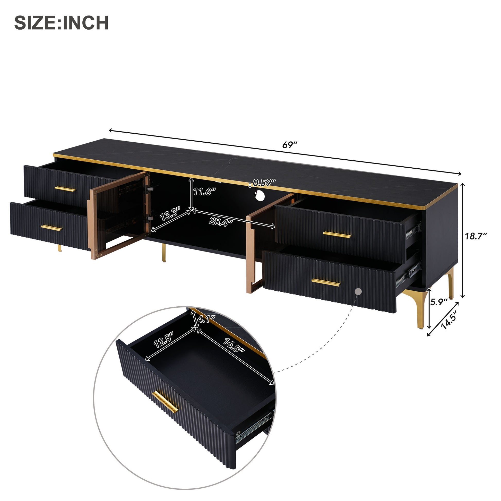 Stylish Led Tv Stand With Marble Veined Table Top For Tvs Up To 78'', Entertainment Center With Brown Glass Storage Cabinet, Golden Legs & Handles For Living Room, Black Gold Black Primary Living Space 70 79 Inches 70 79 Inches Particle Board