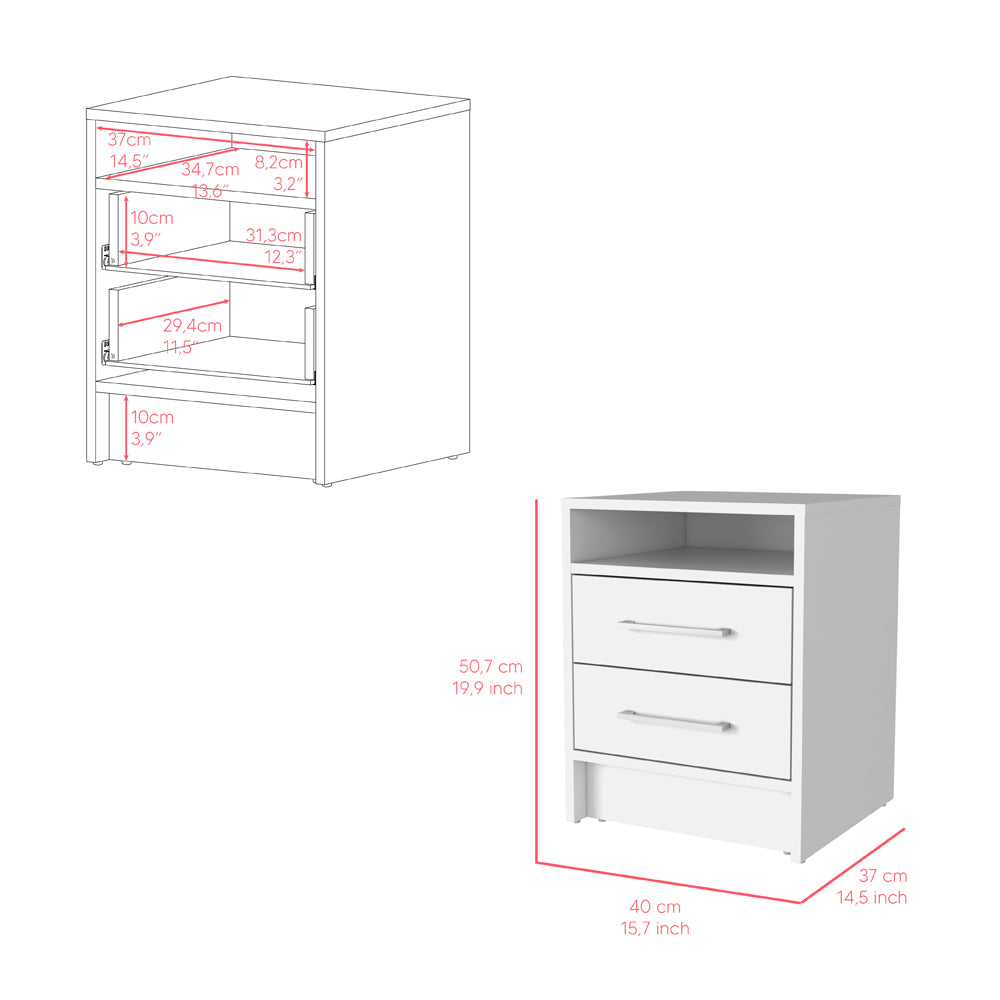 Nightstand Cartiz, Two Drawers, White Finish White Particle Board