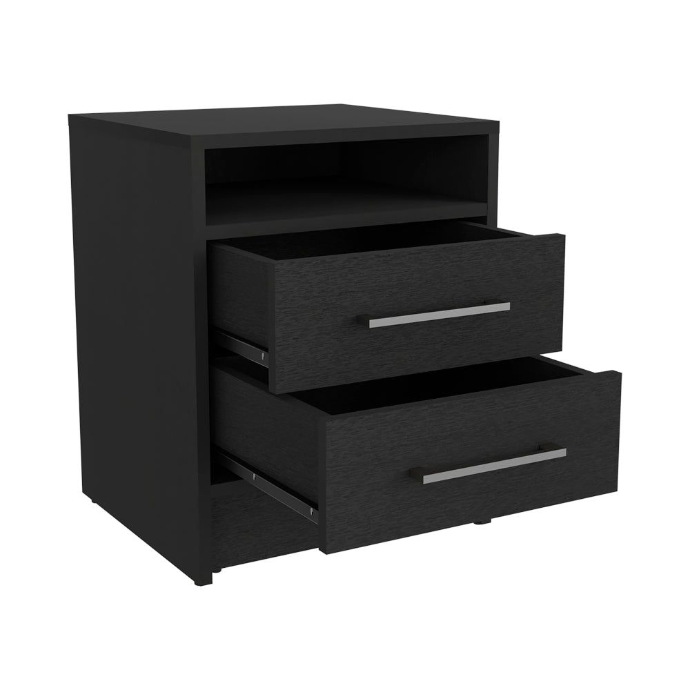 Nightstand Cartiz, Two Drawers, Black Wengue Finish Black Particle Board