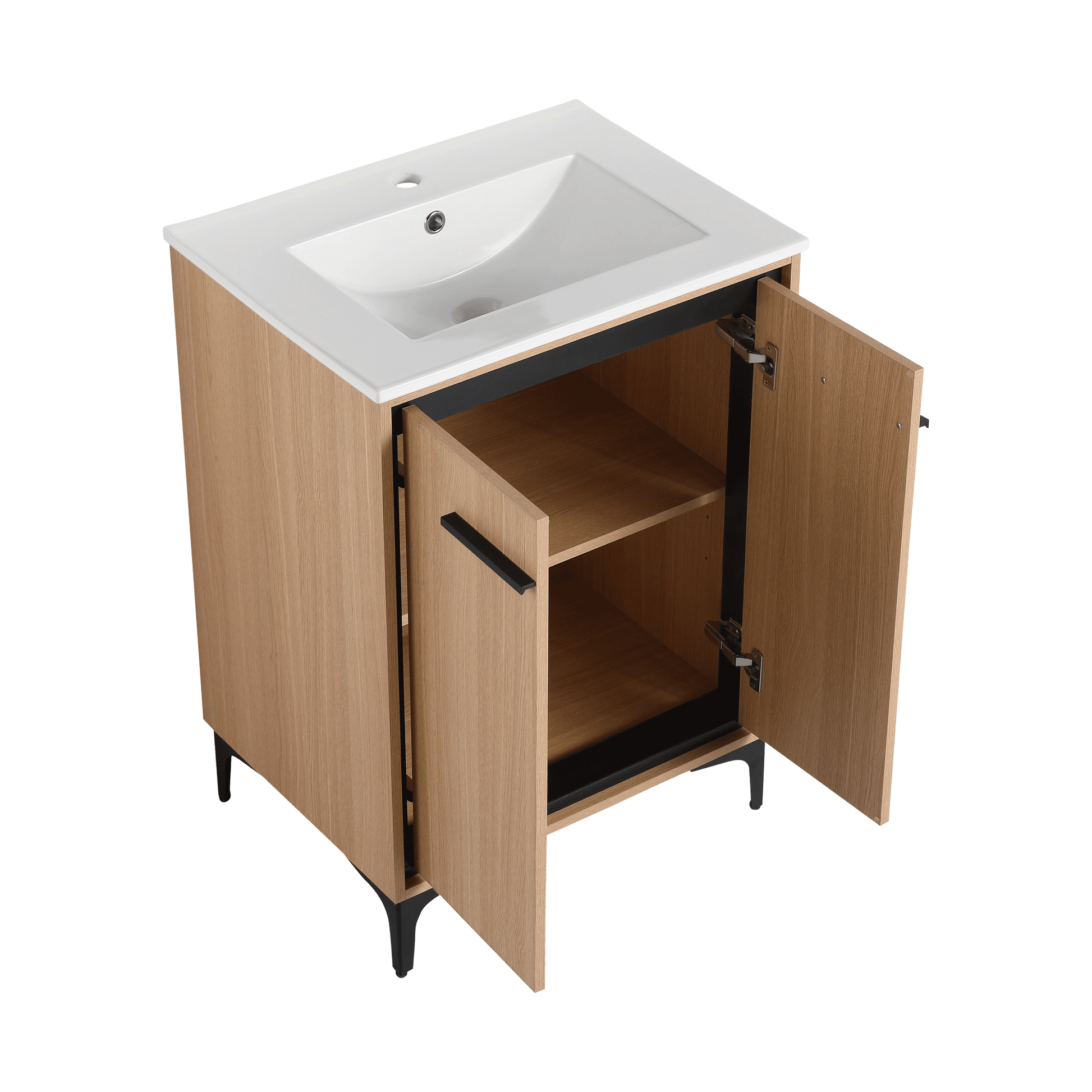 24 Inch Bathroom Vanity Base With Basin, Storage Cabinet With Doors, Engineered Wood Oak Bathroom American Design Ceramic Engineered Wood