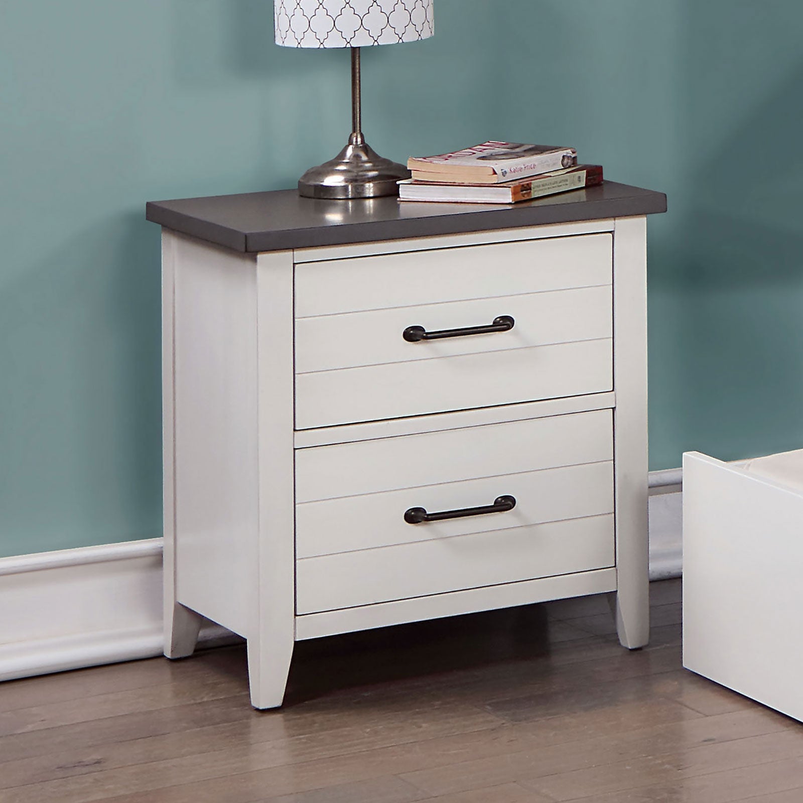 White Color Nightstand Bedroom 1Pc Nightstand Solid Wood Black Appliance Pull 2 Drawers Bedside Table Gray Top, Two Tone Finish White Gray 2 Drawers Bedroom Bedside Cabinet Classic,Contemporary,Modern Rubberwood Drawers Solid Wood