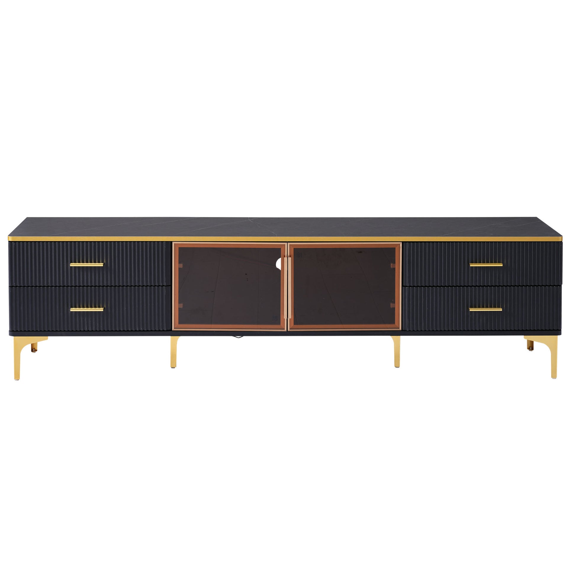 Stylish Led Tv Stand With Marble Veined Table Top For Tvs Up To 78'', Entertainment Center With Brown Glass Storage Cabinet, Golden Legs & Handles For Living Room, Black Gold Black Primary Living Space 70 79 Inches 70 79 Inches Particle Board