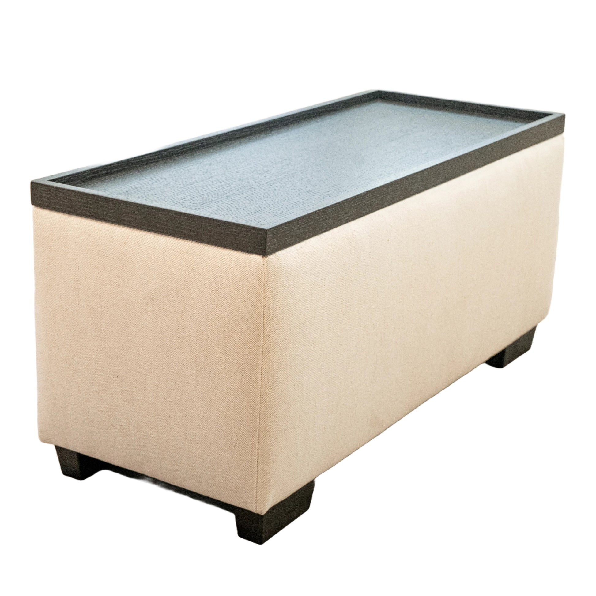 Living Room Storage Console, Linen Upholstered Storage Ottoman, Sofa Console, Distressed Finish Removable Wooden Top, Beige Brown Wood Primary Living Space Solid Beige With Storage Beige Linen Cotton Or Cotton Blend Medium Firm Backless Modern Rectangle