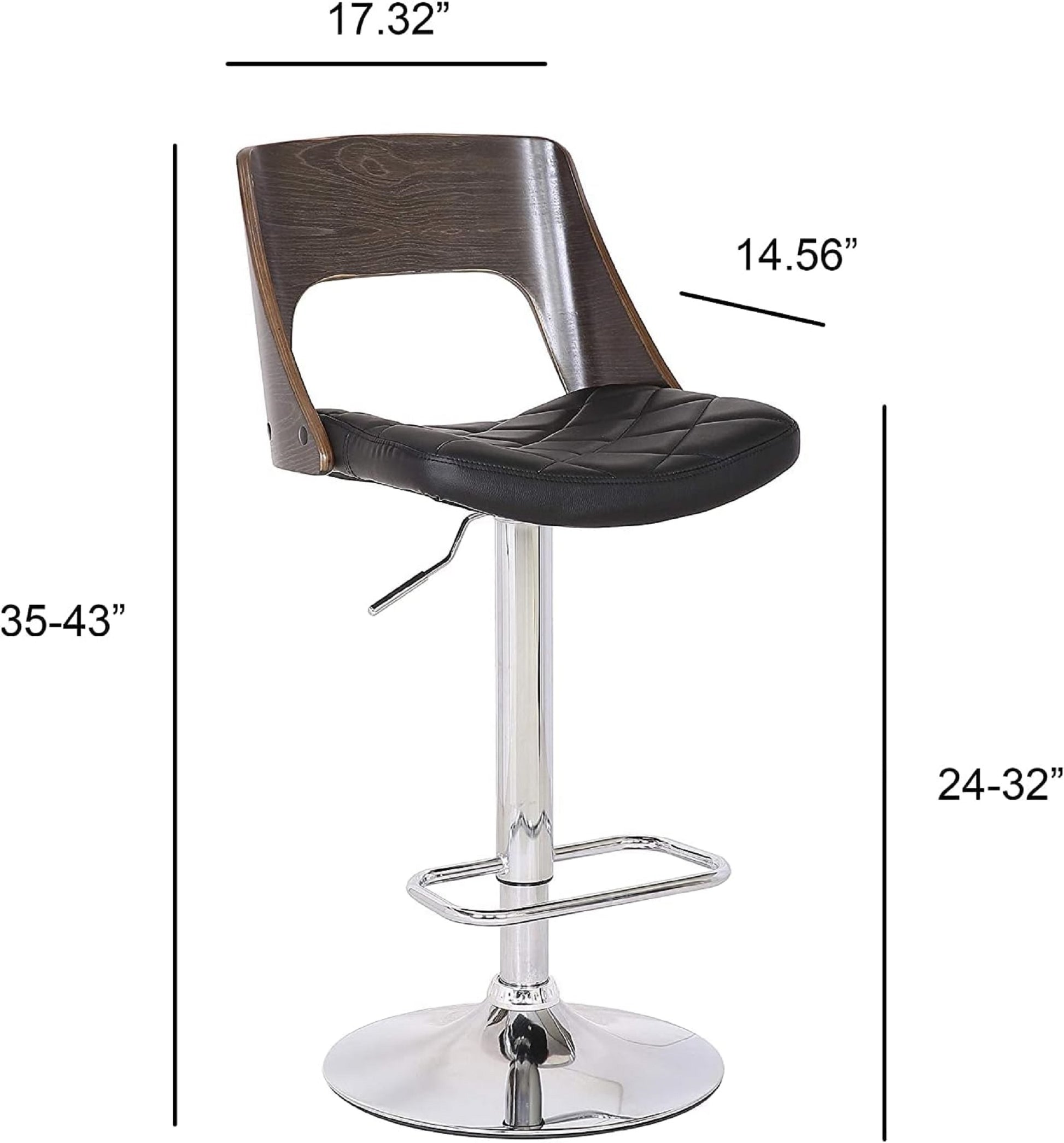 Vintage Hydraulic Lift Adjustable Swivel Barstool, 24" 32" Curved Lines Chrome Weathered Oak Wood Finish Upholstered Seat Counter Height Dark Oak Rectangular Modern,Retro,Vintage Bar Stools Oak Open Back Chrome