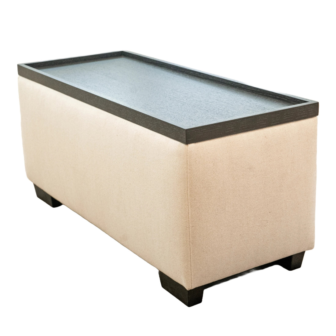 Living Room Storage Console, Linen Upholstered Storage Ottoman, Sofa Console, Distressed Finish Removable Wooden Top, Beige Brown Wood Primary Living Space Solid Beige With Storage Beige Linen Cotton Or Cotton Blend Medium Firm Backless Modern Rectangle