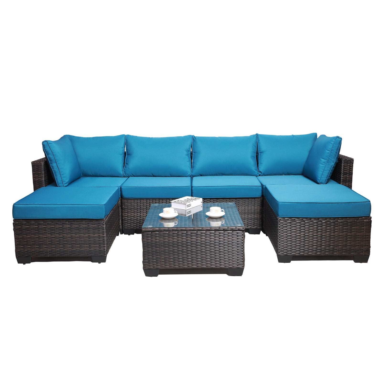 Outdoor Garden Patio Furniture 7 Piece Pe Rattan Wicker Cushioned Sofa Sets And Coffee Table, Patio Furniture Set Outdoor Couch Outdoor Couch Patio Furniture Outdoor Sofa Patio Couch Yes Complete Patio Set Brown Blue Rust Resistant Frame Water Resistant