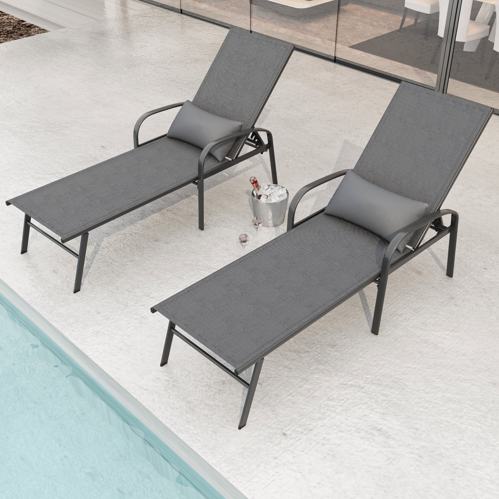 2 Pieces Set Outdoor Patio Swimming Pool Lounge Gray yes-gray-weather resistant frame-garden &
