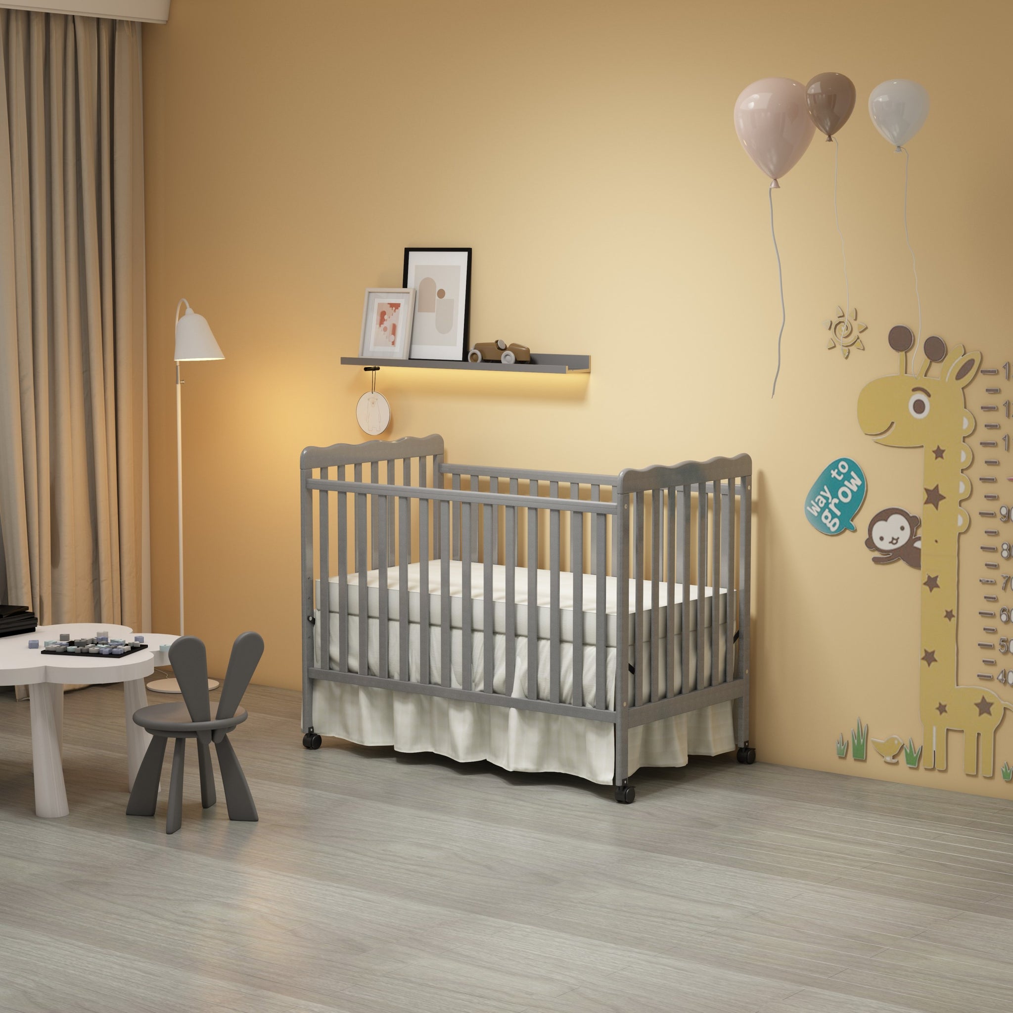 3 In 1 Convertible Crib In Storm Grey, Made Of Sustainable Pinewood, Non Toxic Finish, Comes With Locking Wheels, Wooden Nursery Furniture Stone Gray Wood