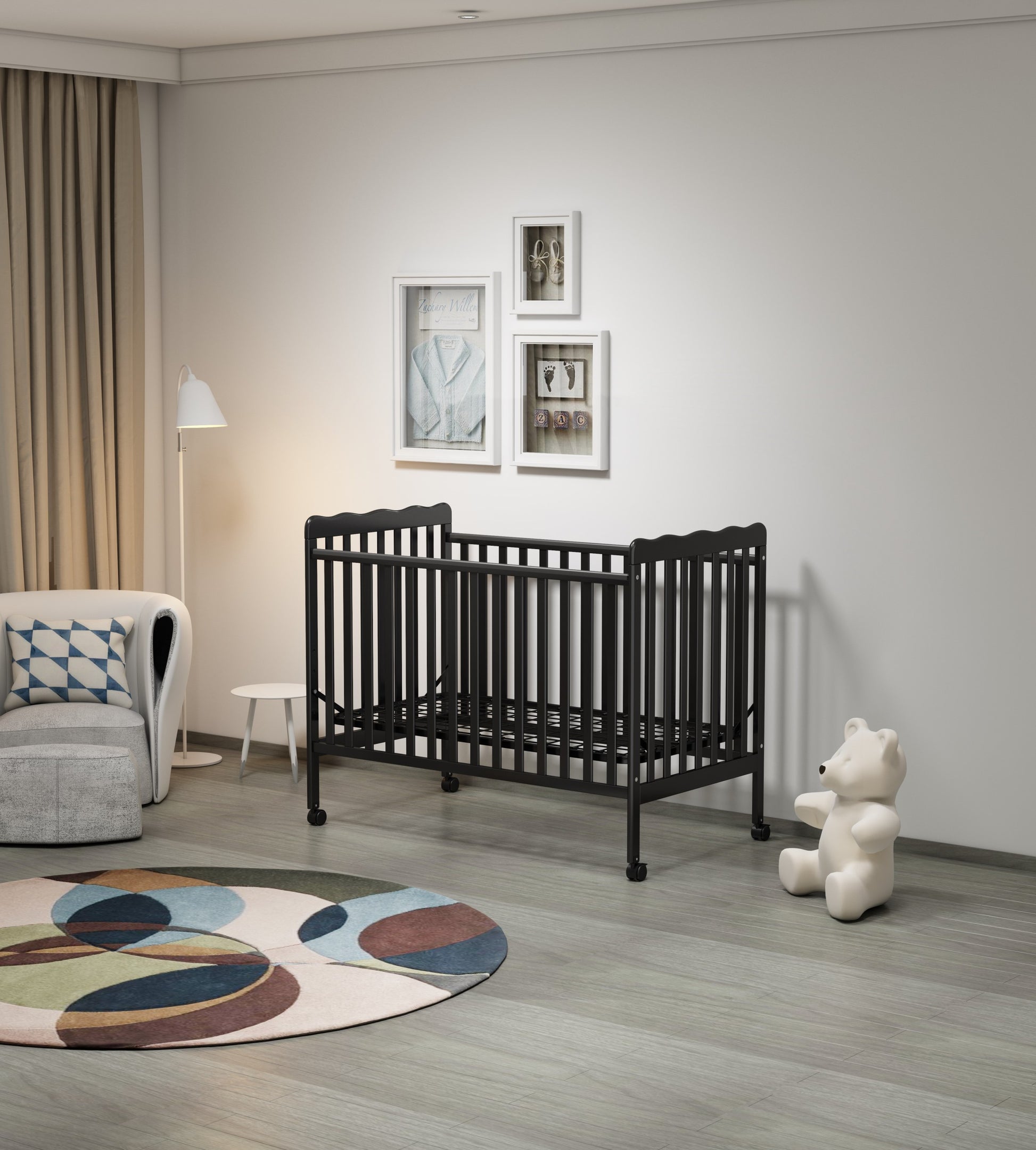 3 In 1 Convertible Crib In Storm Black, Made Of Sustainable Pinewood, Non Toxic Finish, Comes With Locking Wheels, Wooden Nursery Furniture Black Wood