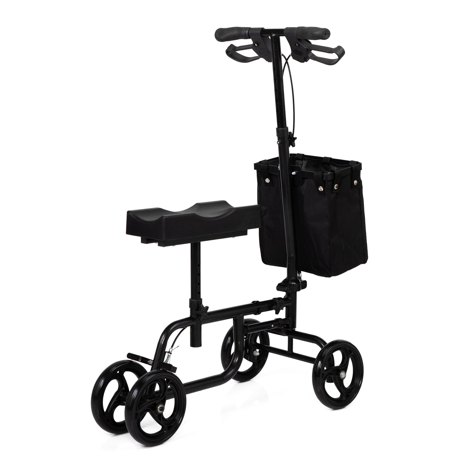 Folding Knee Scooter, Steerable Leg Walker With Bag And Dual Braking System, Crutch Alternative For Foot Injuries Ankles Surgery, Black Black Metal