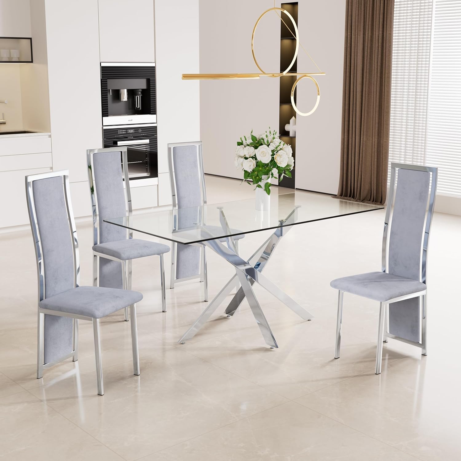 5 Piece Glass Dining Table Set, Mid Century Modern 63 Inch Rectangle Dining Room Table With Stainless Steel Base, Kitchen Table Set With 4 High Back Grey Velvet Chairs Grey Silver Stainless Steel