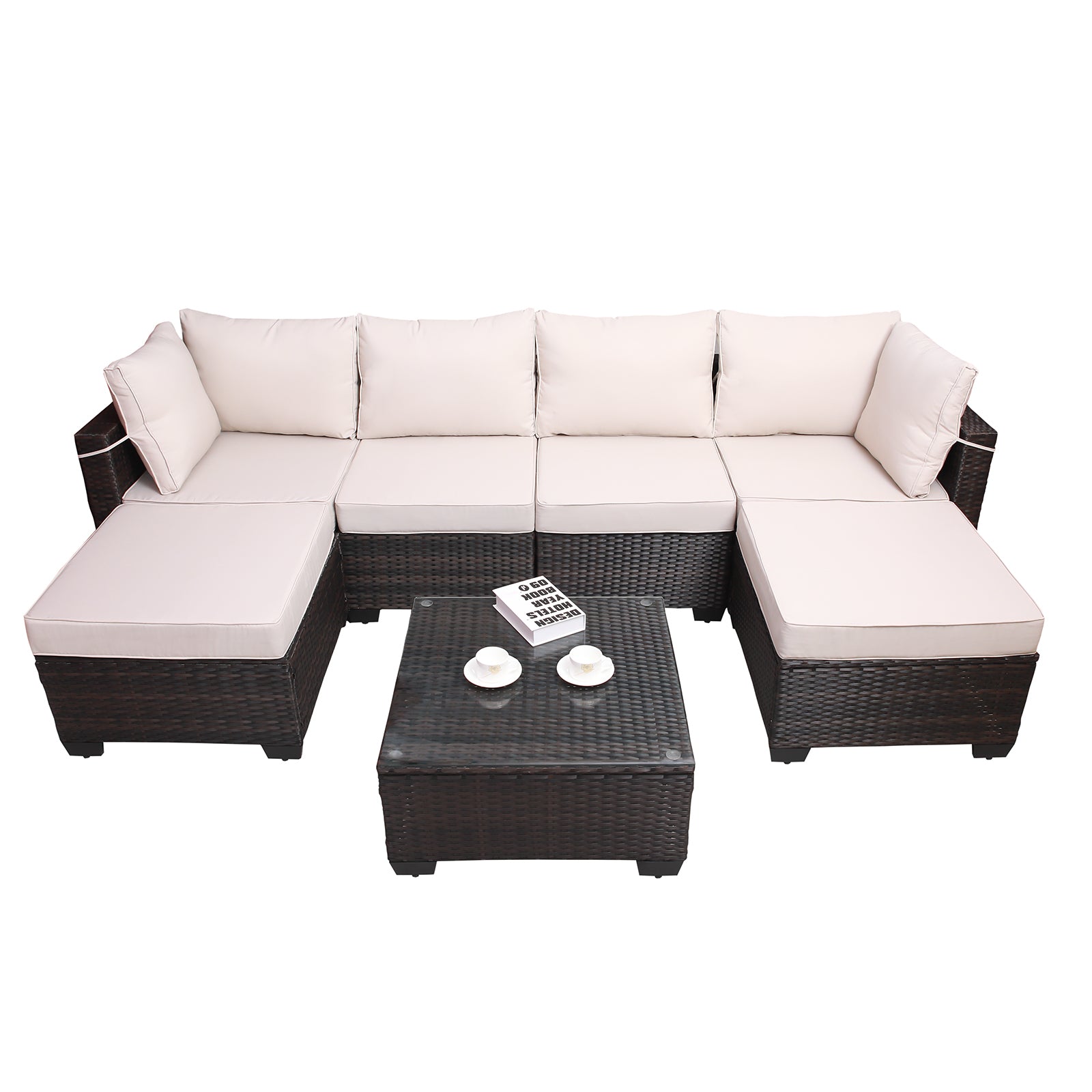 Outdoor Garden Patio Furniture 7 Piece Pe Rattan Wicker Cushioned Sofa Sets And Coffee Table, Patio Furniture Set Outdoor Couch Outdoor Couch Patio Furniture Outdoor Sofa Patio Couch Yes Complete Patio Set Brown Beige Rust Resistant Frame Water Resistant