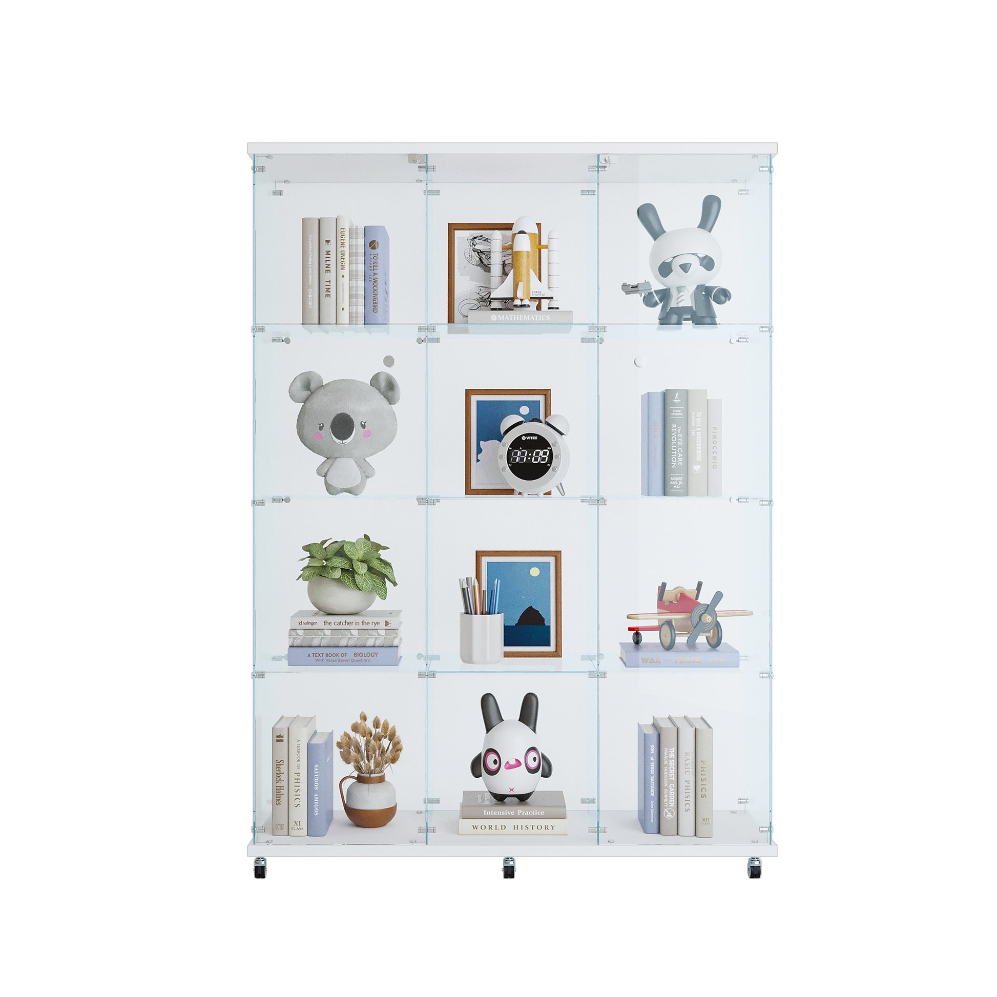 Glass Display Cabinet With 4 Shelves Extra Large, Curio Cabinets For Living Room, Bedroom, Office, Black Floor Standing Glass Bookshelf, Quick Installation White Glass