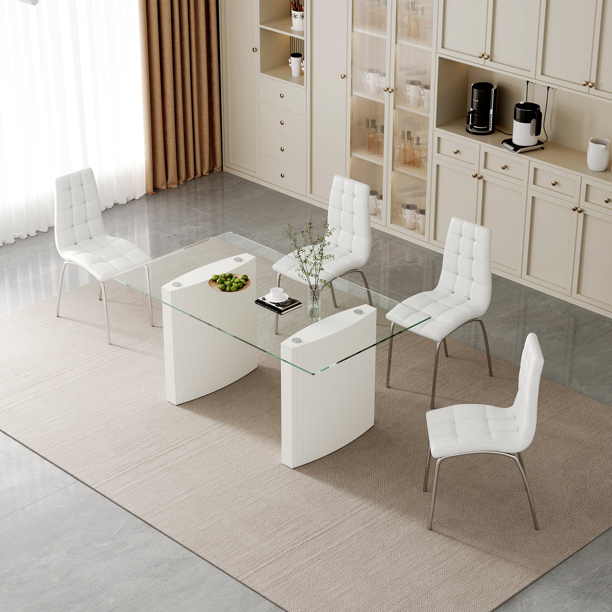 0.39" Thick Tempered Glass Top Dining Table With White Lacquer Double Mdf Pillar Transparent Mdf Glass
