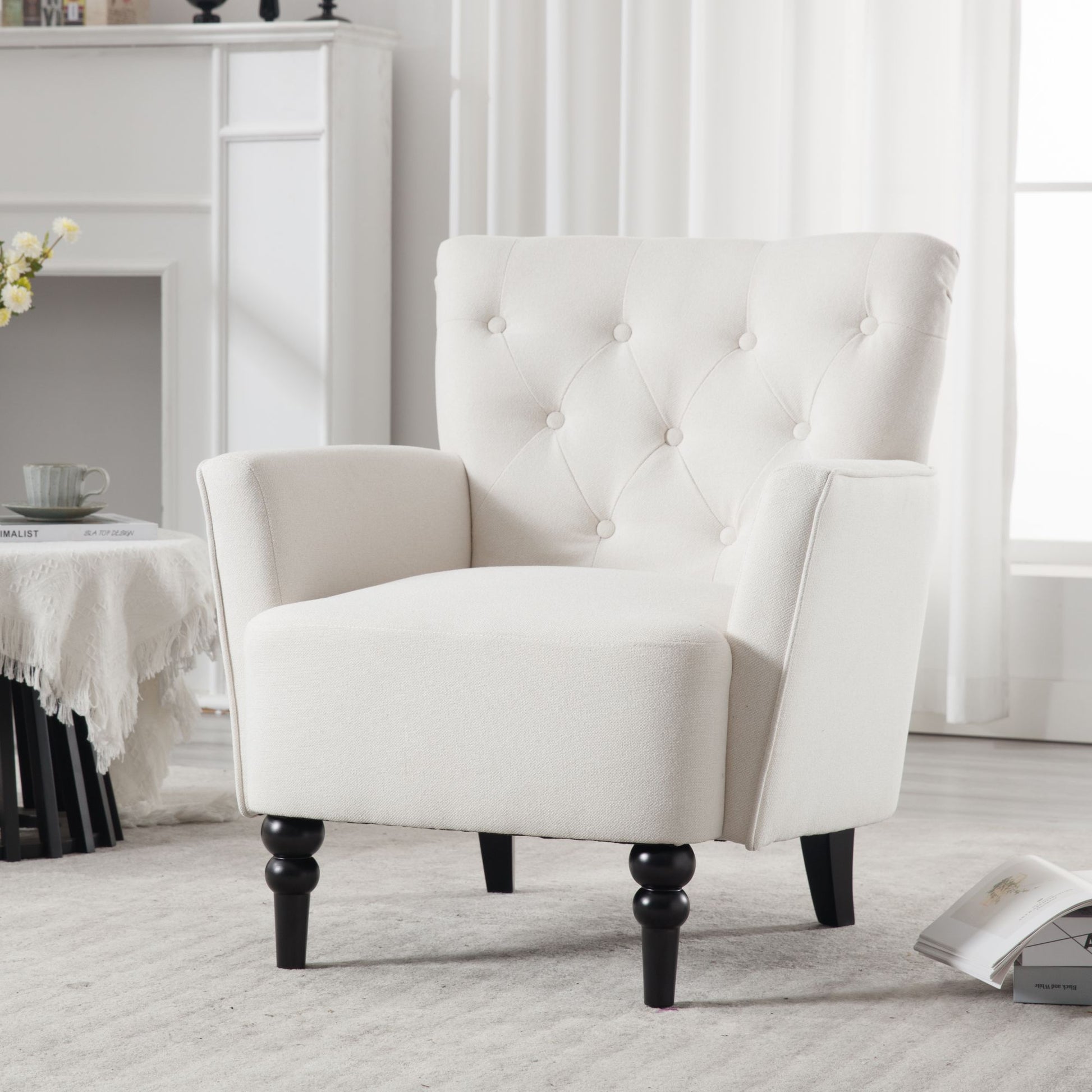 Mid Century Morden Arm Chair, Accent Chair With Ergonomic Cushion,Upholstered In Linen Fabric, Solid Wood Legs,Upholstered Single Sofa Club Chair For Living Room, Bedroom, Home Office,Cream. Cream Primary Living Space Mid Century Modern,Modern Rubberwood