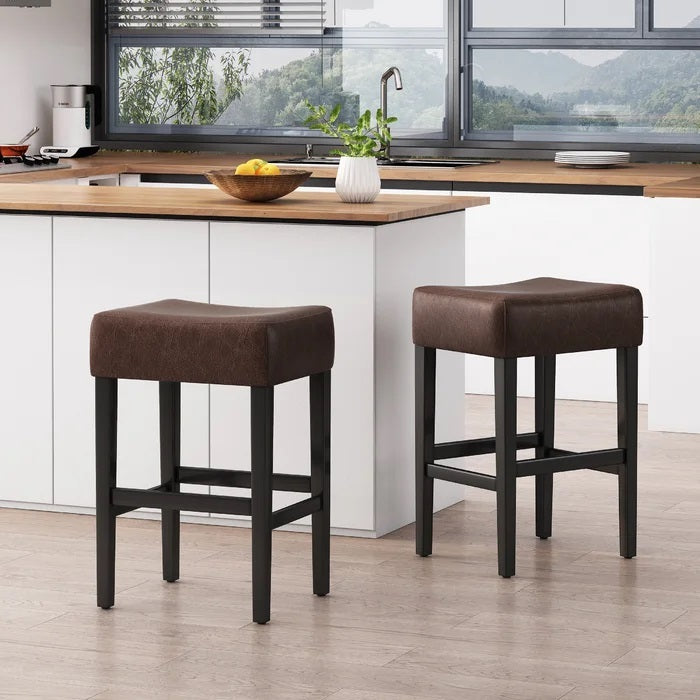 Set Of 2, 26.75" Backless Leather Counter Height Barstool Dark Brown Pu