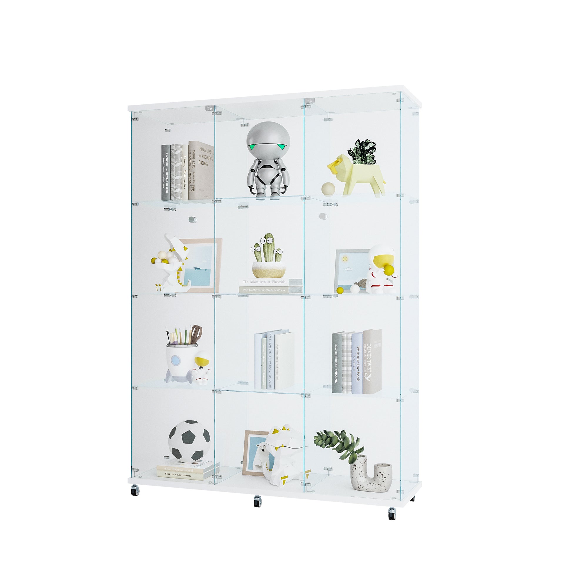 Glass Display Cabinet With 4 Shelves Extra Large, Curio Cabinets For Living Room, Bedroom, Office, Black Floor Standing Glass Bookshelf, Quick Installation White Glass