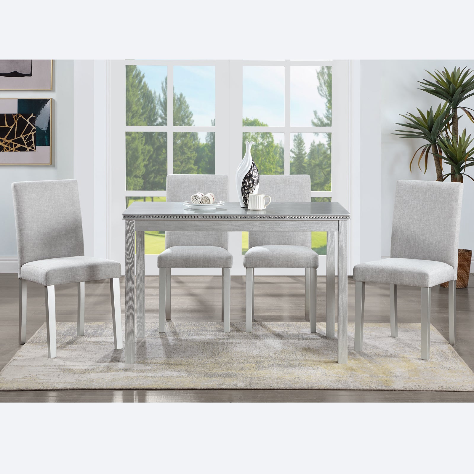 5 Piece Wooden Dining Table Set, Kitchen Table Set With A Rectangular Table And 4 Upholstered Chairs, Wooden Dining Room Table With Crystal Decoration And Chairs Set, Silver Grey Beige Silver Gray Seats 4 Dining Room Rectangular 4 Leg Rectangular Dining