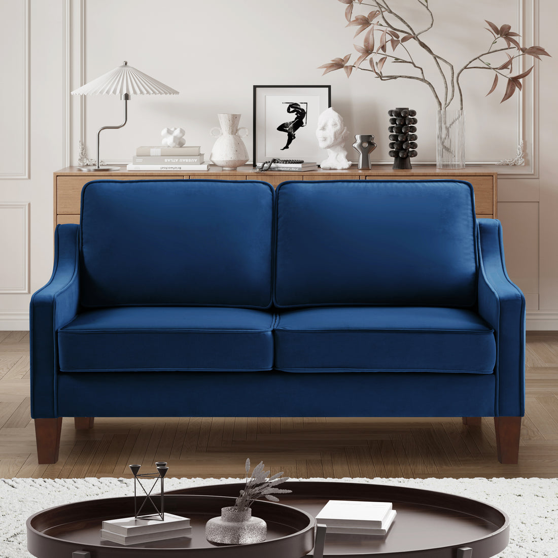 Modern Loveseat Sofa For Living Room, Upholstered Velvet Small Couch With Wooden Legs For Livingroom Bedroom, Navy Navy Espresso Velvet Wood Primary Living Space Medium Soft Cushion Back American Design Rubberwood Square Arms Foam Velvet 2 Seat