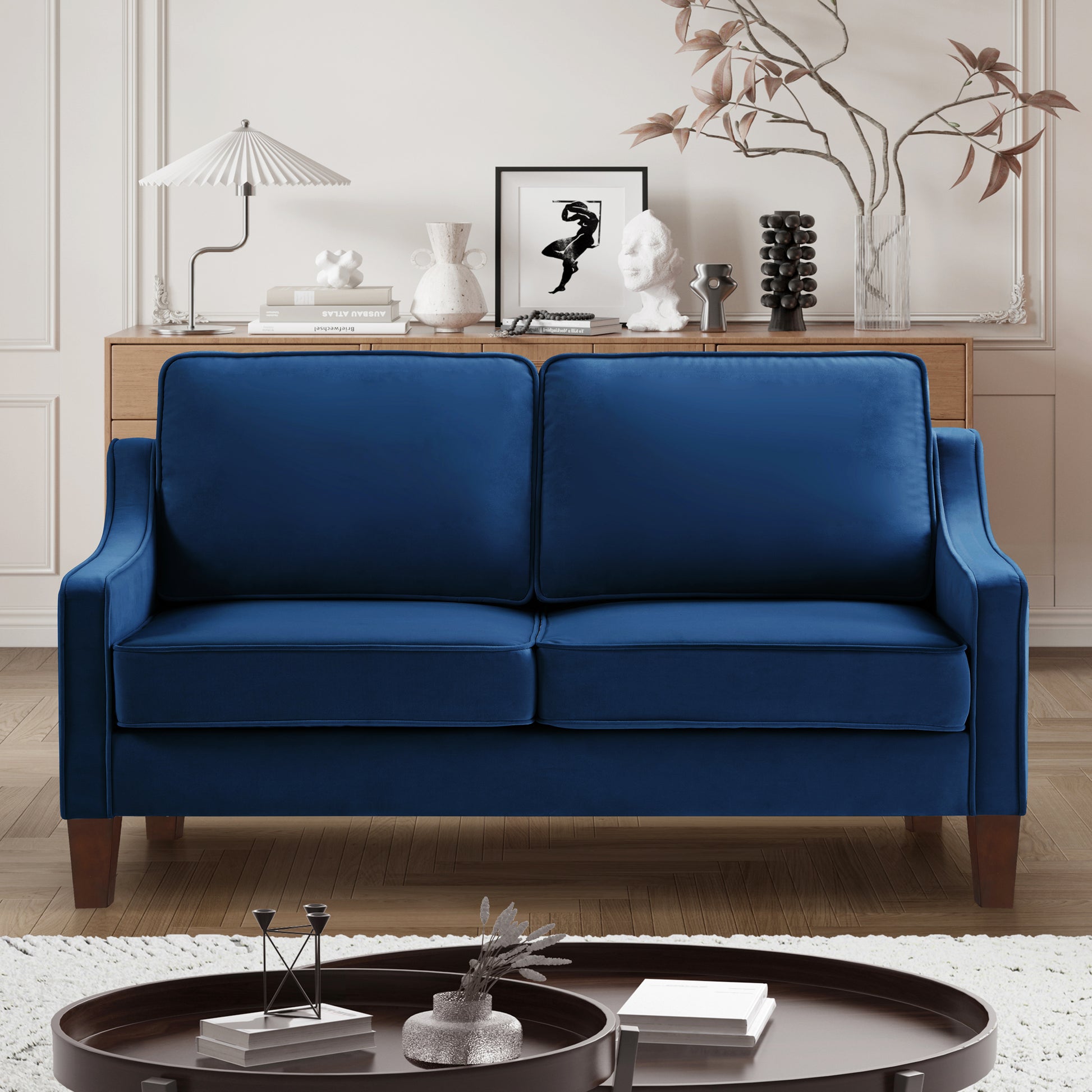 Modern Loveseat Sofa For Living Room, Upholstered Velvet Small Couch With Wooden Legs For Livingroom Bedroom, Navy Navy Espresso Velvet Wood Primary Living Space Medium Soft Cushion Back American Design Rubberwood Square Arms Foam Velvet 2 Seat