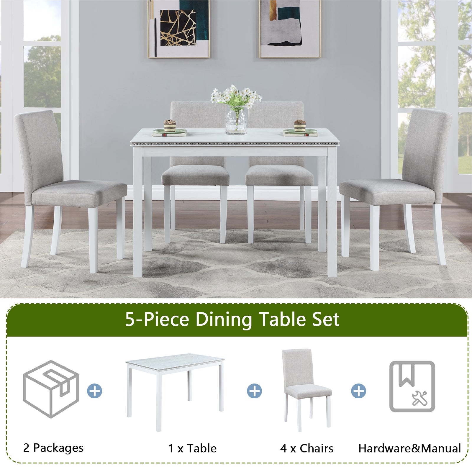 5 Piece Wooden Dining Table Set, Kitchen Table Set With A Rectangular Table And 4 Upholstered Chairs, Wooden Dining Room Table With Crystal Decoration And Chairs Set For Kitchen, Dining Room, White Beige White Seats 4 Dining Room 4 Leg Rectangular Solid