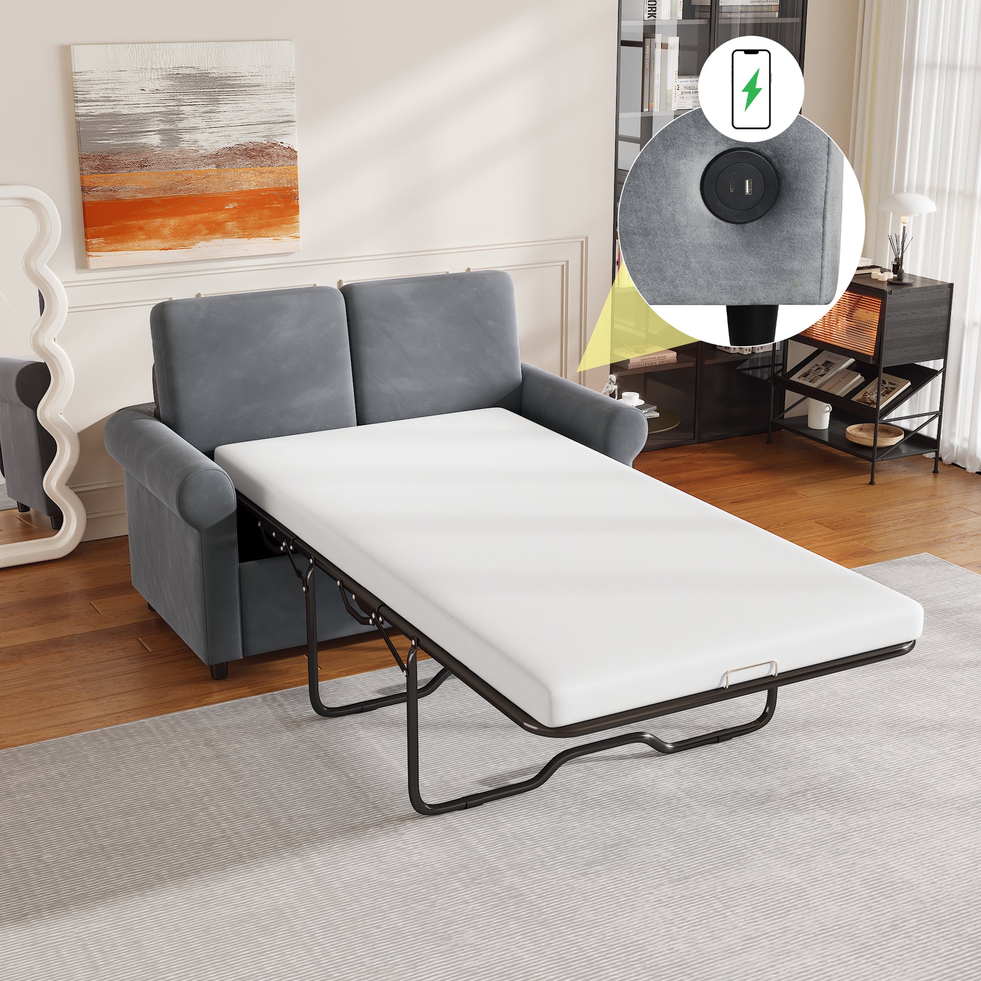 57.4" Pull Out Sofa Bed,Sleeper Sofa Bed With Premium Twin Size Mattress Pad,2 In 1 Pull Out Couch Bed With Two Usb Ports For Living Room,Small Apartment, Gray Old Sku:Wf296899 Gray Foam Velvet