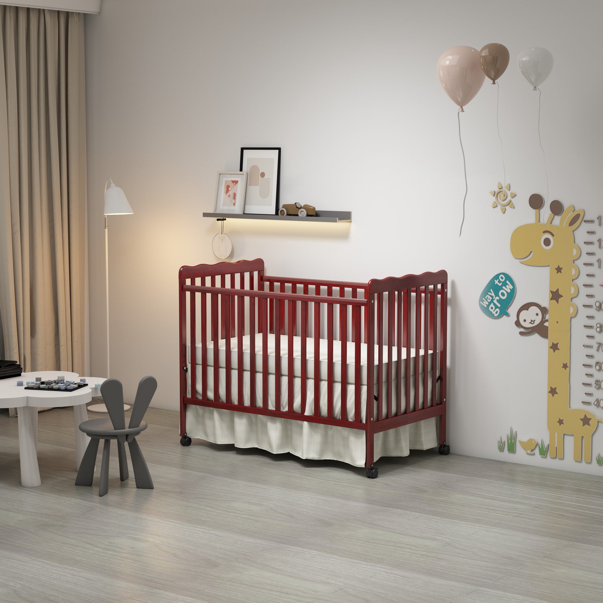 3 In 1 Convertible Crib In Cherry, Made Of Sustainable Pinewood, Non Toxic Finish, Comes With Locking Wheels, Wooden Nursery Furniture Cherry Wood