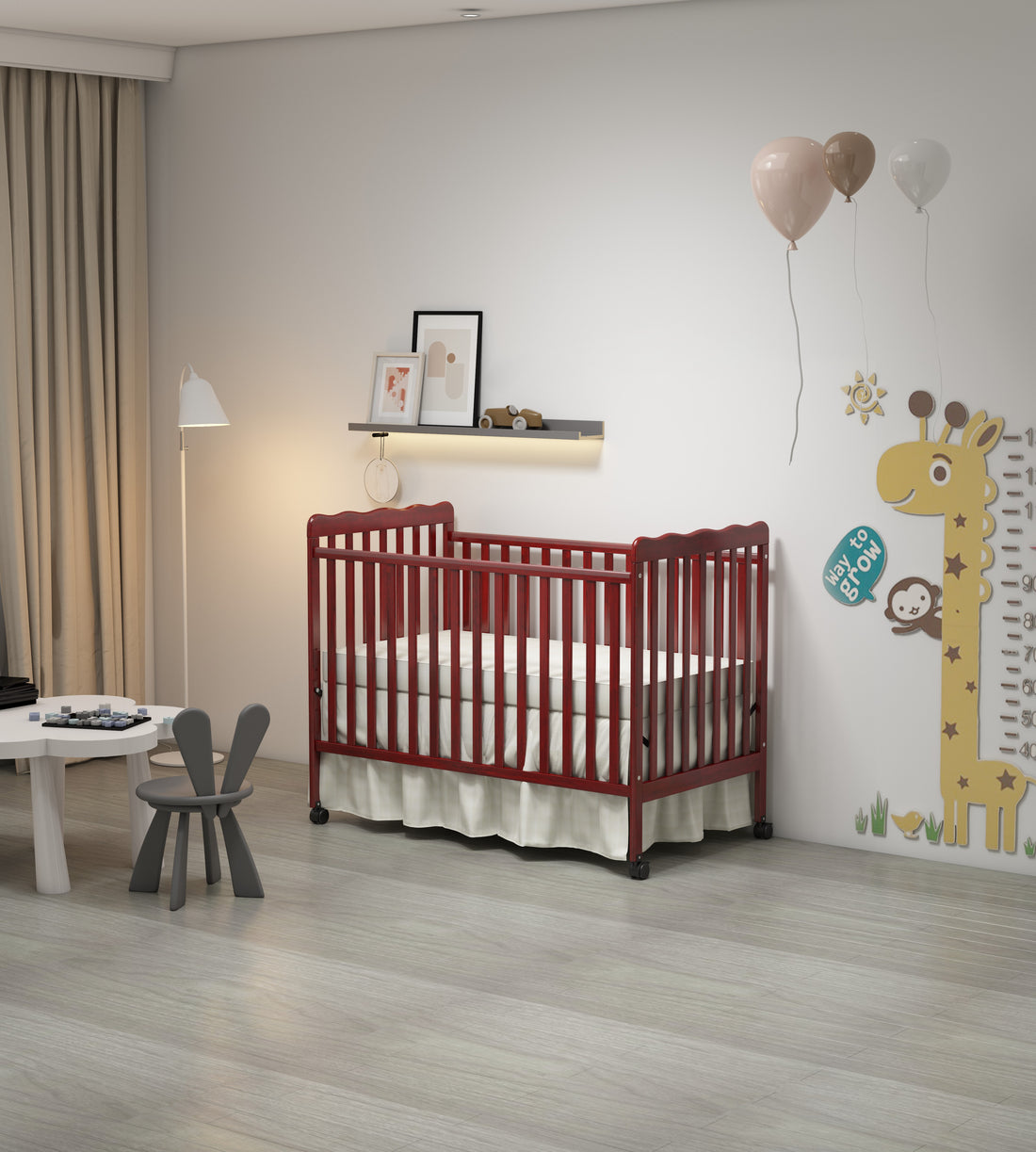 3 In 1 Convertible Crib In Cherry, Made Of Sustainable Pinewood, Non Toxic Finish, Comes With Locking Wheels, Wooden Nursery Furniture Cherry Wood