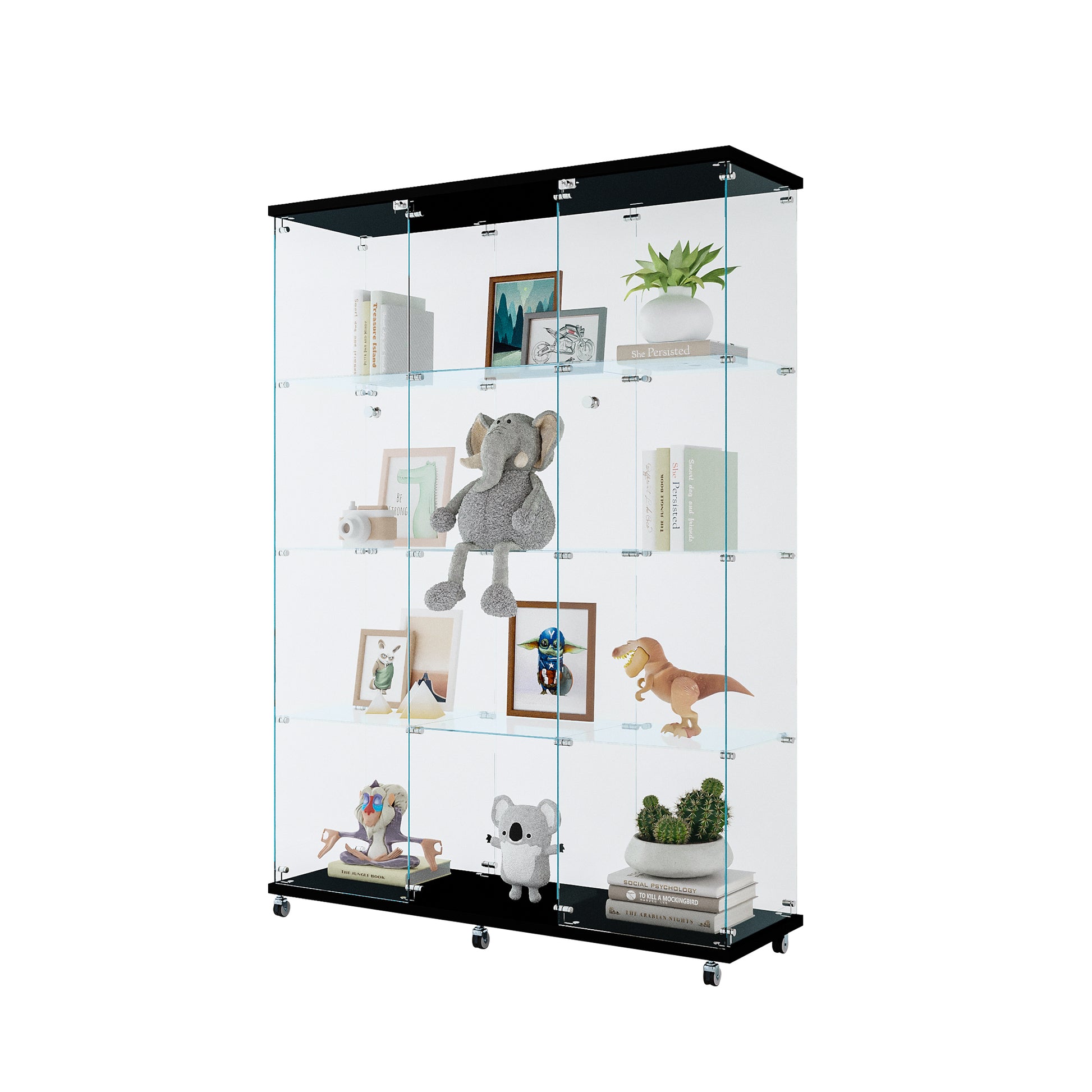 Glass Display Cabinet With 4 Shelves Extra Large, Curio Cabinets For Living Room, Bedroom, Office, Black Floor Standing Glass Bookshelf, Quick Installation Black Glass