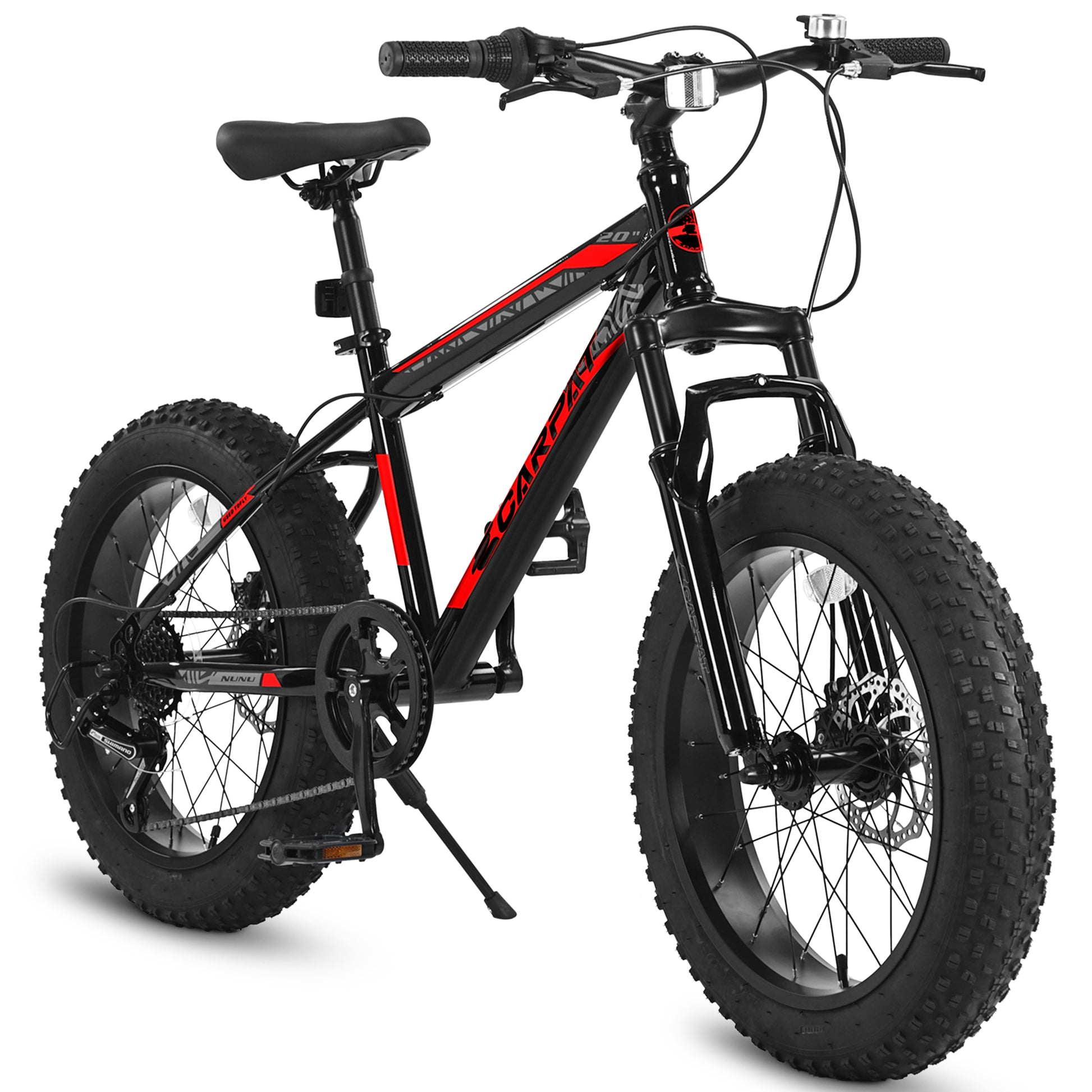 Ecarpat Kids Bike 20 Inch Wheels, 4" Wide Fat Tire Snow Mountain Bike Ages 8 12 Year Old, Steel Frame, 7 Speed Teenager Children Kids' Bicycles Cycling Black Red Without Durable Garden & Outdoor Classic Multifunctional Polyurethane Foam Steel