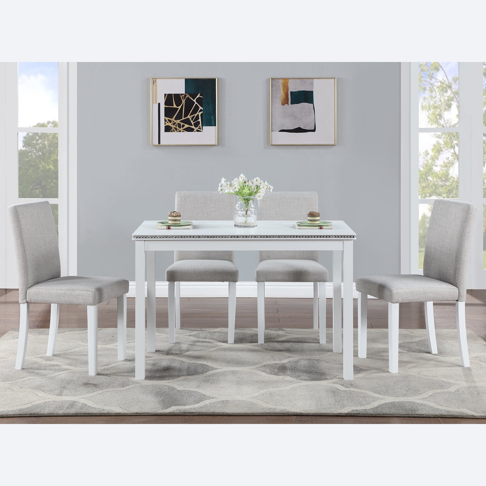 5 Piece Wooden Dining Table Set, Kitchen Table Set With A Rectangular Table And 4 Upholstered Chairs, Wooden Dining Room Table With Crystal Decoration And Chairs Set For Kitchen, Dining Room, White Beige White Seats 4 Dining Room 4 Leg Rectangular Solid