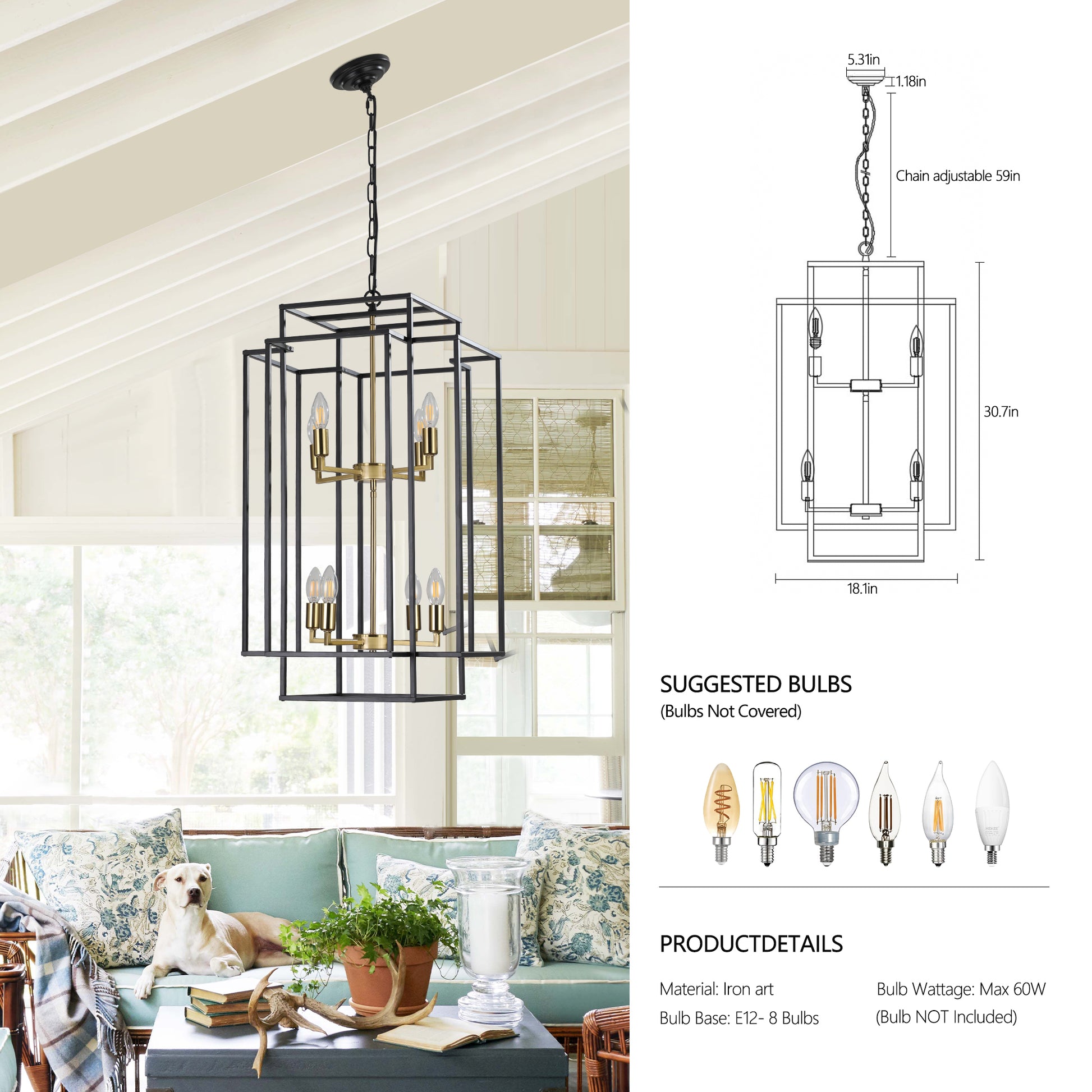 Same As W1340142524 L1018 G 8 Lights Black & Gold Lantern Tiered Pendant Light Fixtures, Industrial Farmhouse Hanging Chandelier No Bulbs Gold Farmhouse Iron