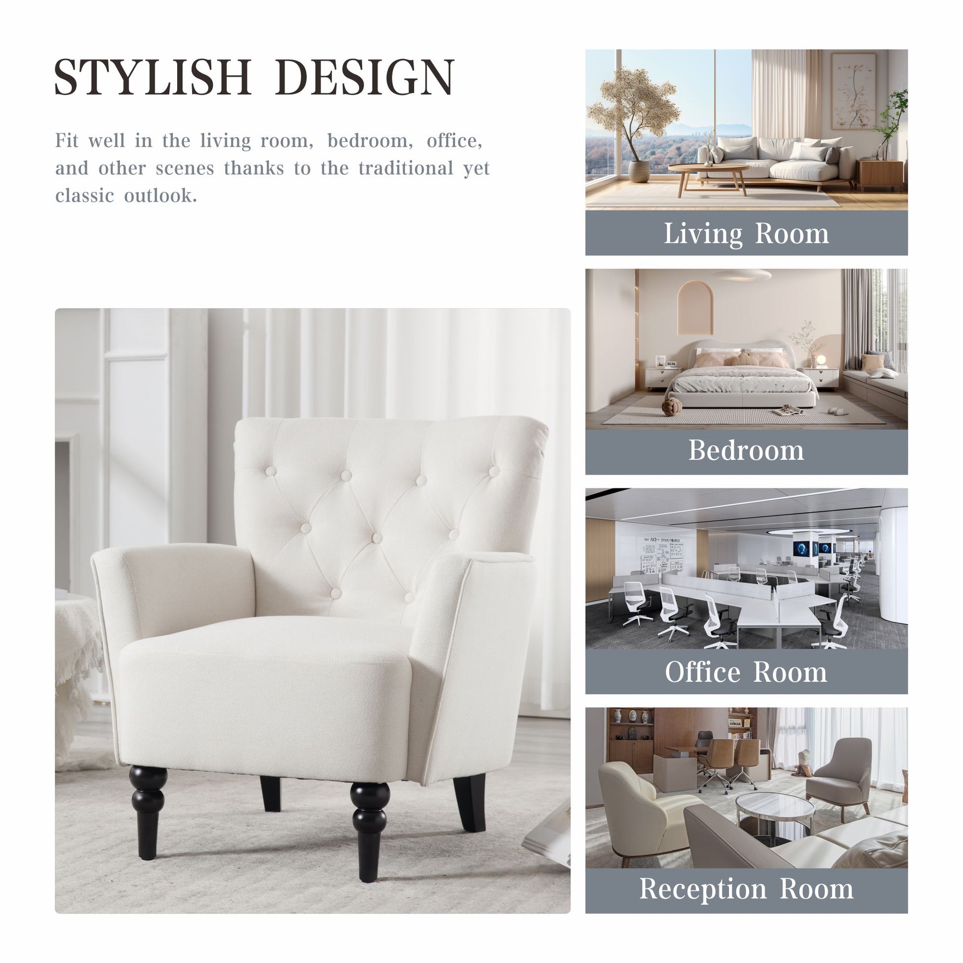 Mid Century Morden Arm Chair, Accent Chair With Ergonomic Cushion,Upholstered In Linen Fabric, Solid Wood Legs,Upholstered Single Sofa Club Chair For Living Room, Bedroom, Home Office,Cream. Cream Primary Living Space Mid Century Modern,Modern Rubberwood