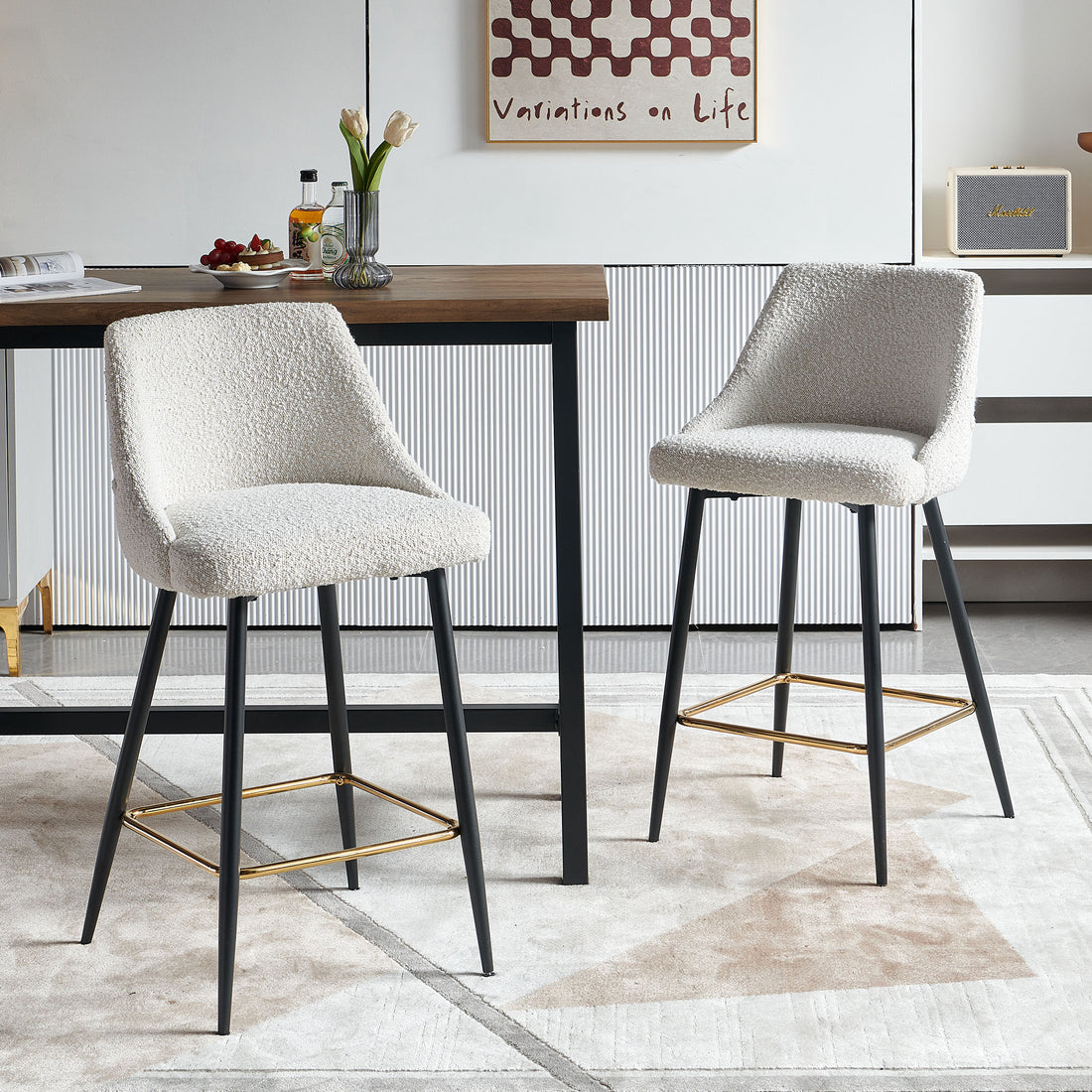 Beige Swivel Bar Chair Bar Stool And Metal Modern High Bar Furniture Set Of 2 Beige Primary Living Space Modern Boucle