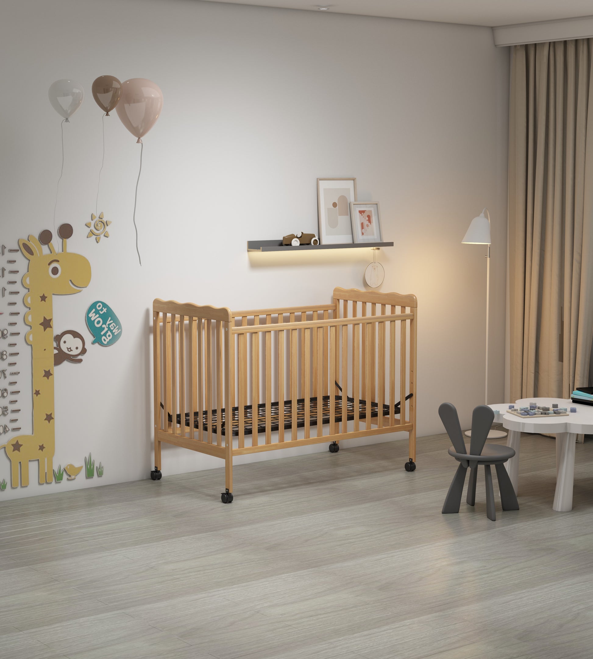 3 In 1 Convertible Crib In Natural, Made Of Sustainable Pinewood, Non Toxic Finish, Comes With Locking Wheels, Wooden Nursery Furniture Natural Wood