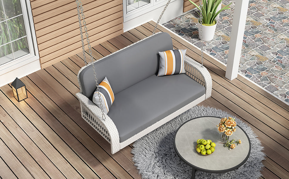 PE Wicker Porch Swing, 2 Seater Hanging Bench With grey+white-foam-wicker
