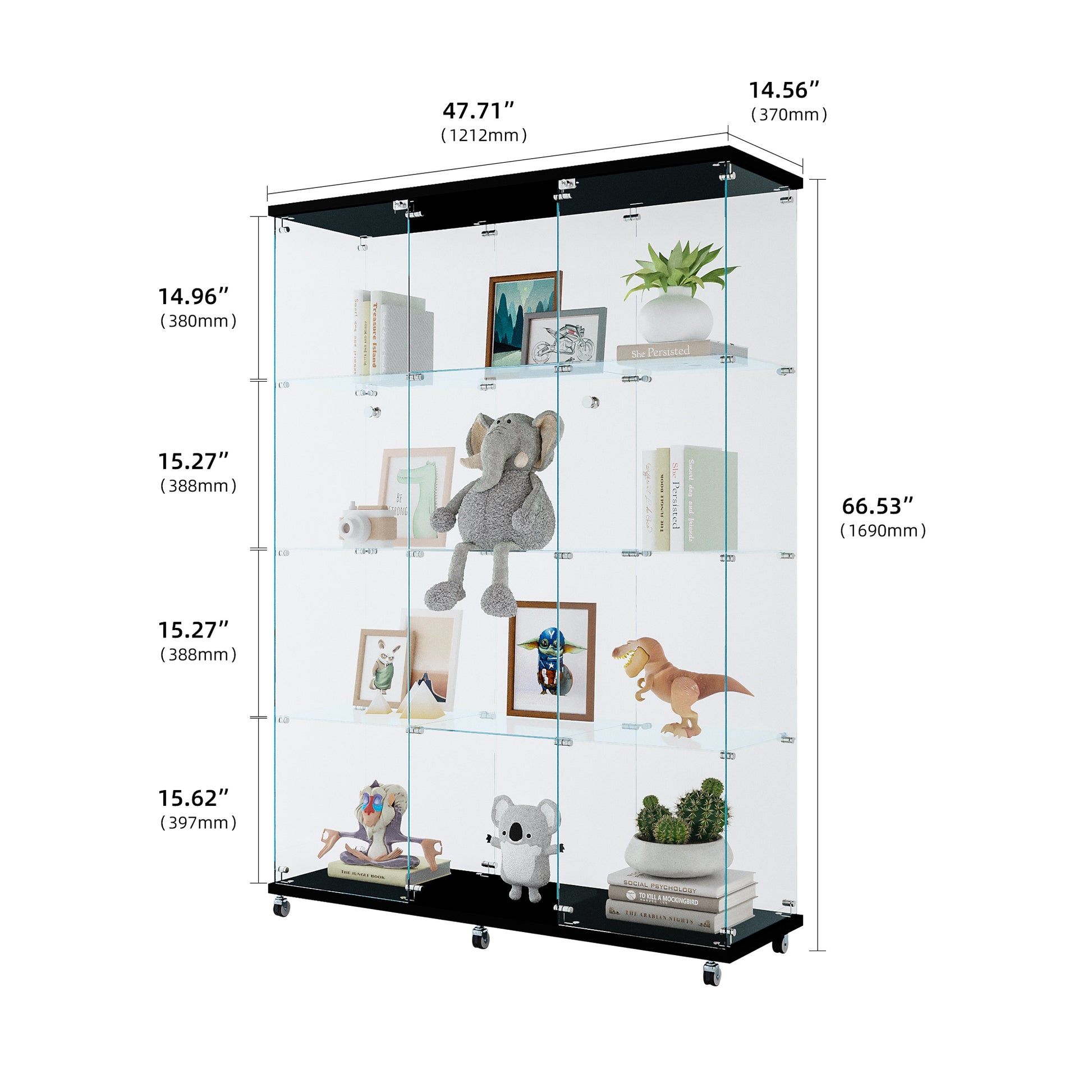 Glass Display Cabinet With 4 Shelves Extra Large, Curio Cabinets For Living Room, Bedroom, Office, Black Floor Standing Glass Bookshelf, Quick Installation Black Glass