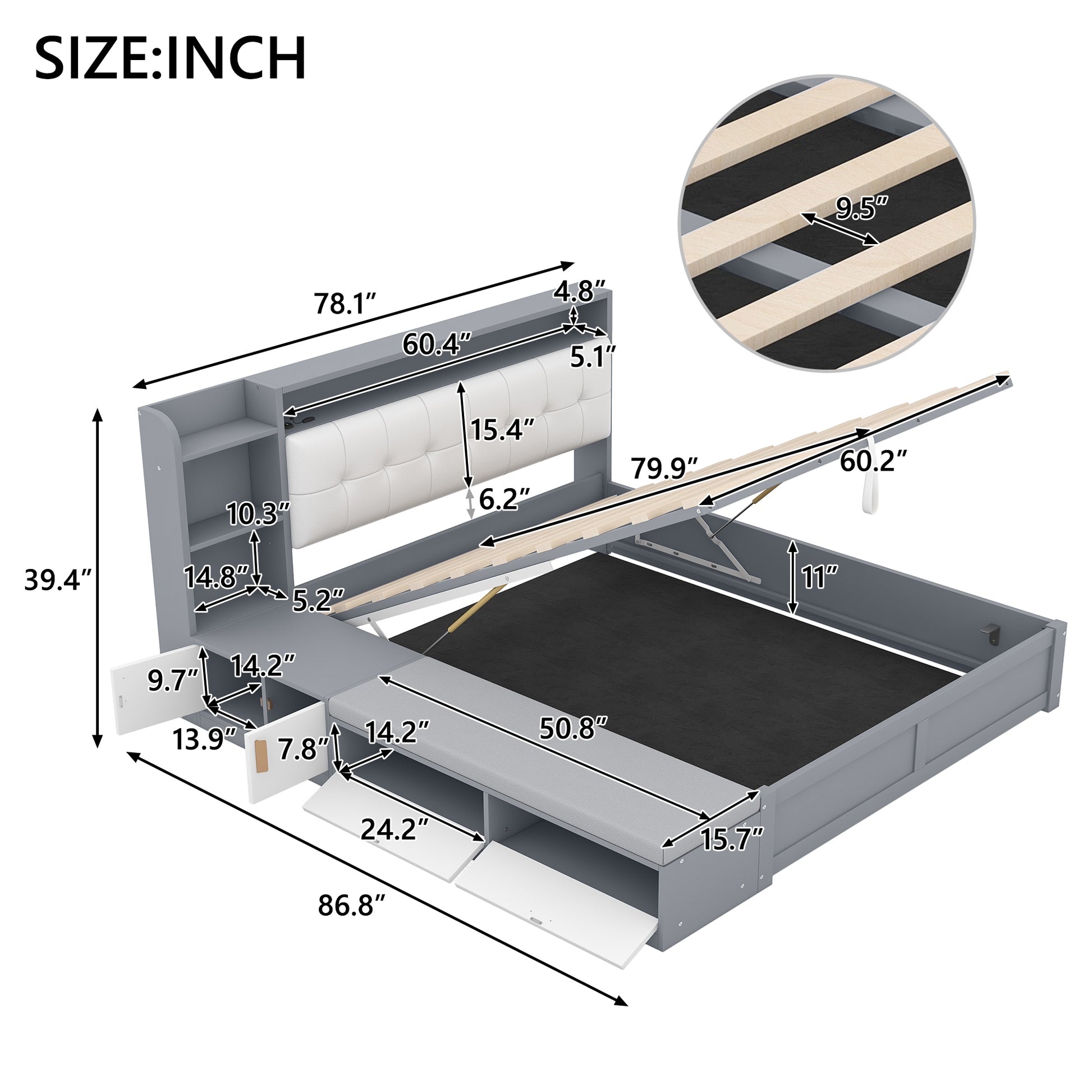 Queen Size Platform Bed Frame With Upholstery Headboard And Storage Shelves And,Usb Charging,Gray Queen Gray Solid Wood Mdf